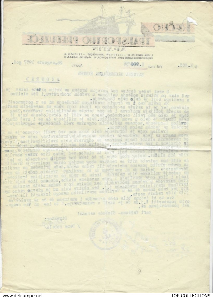 ENTETE NAVIGATION TRANSPORT FLUVIAL  Recno Transportno Preduzece à Apatin Serbie => Béograd LETTRE SIGNEE TEXTE EN SERB - 1950 - ...