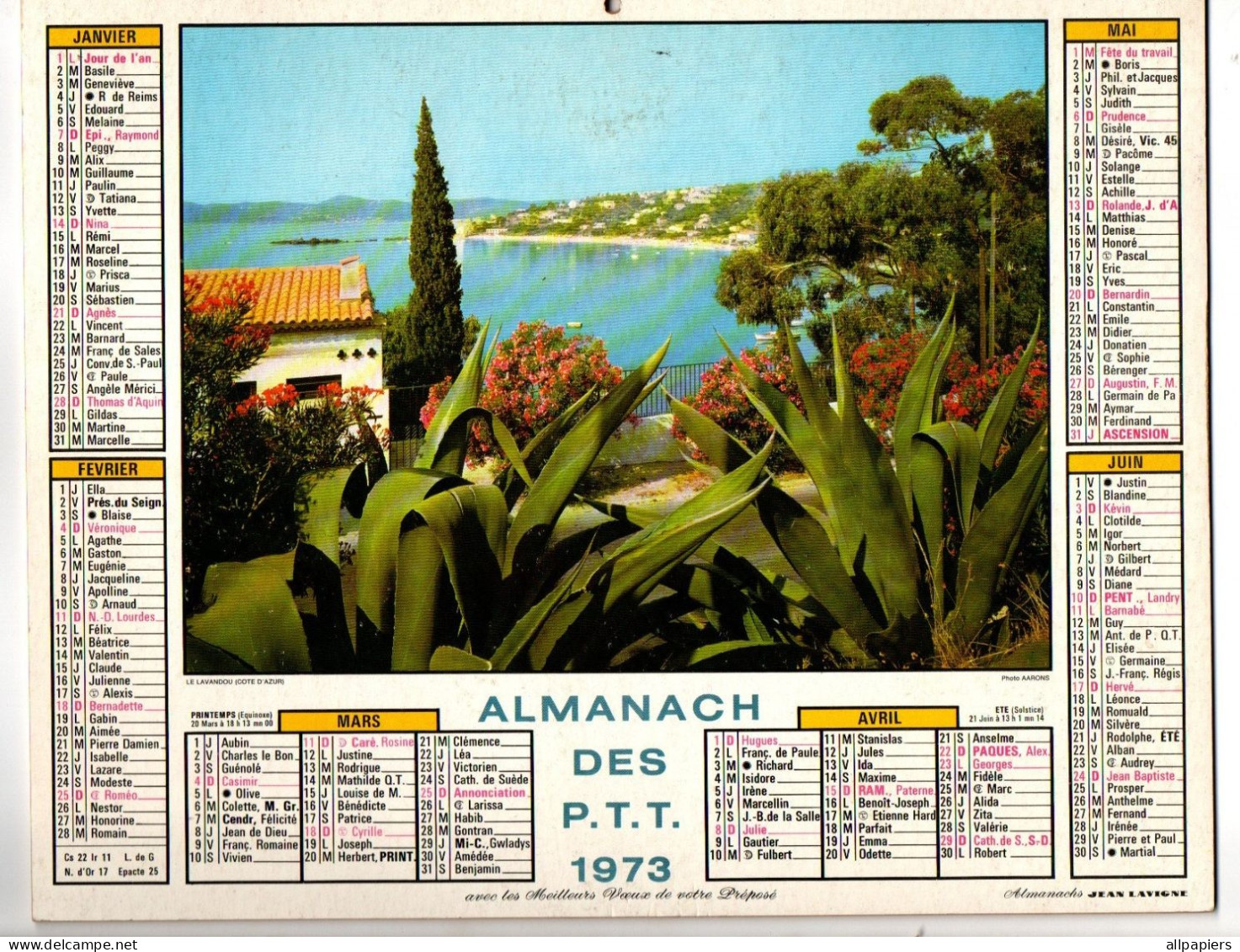 Calendrier Almanach Des P.T.T. 1973 Le Lavandou Côte D'Azur - Complet Région Nord De La France - Grand Format : 1971-80