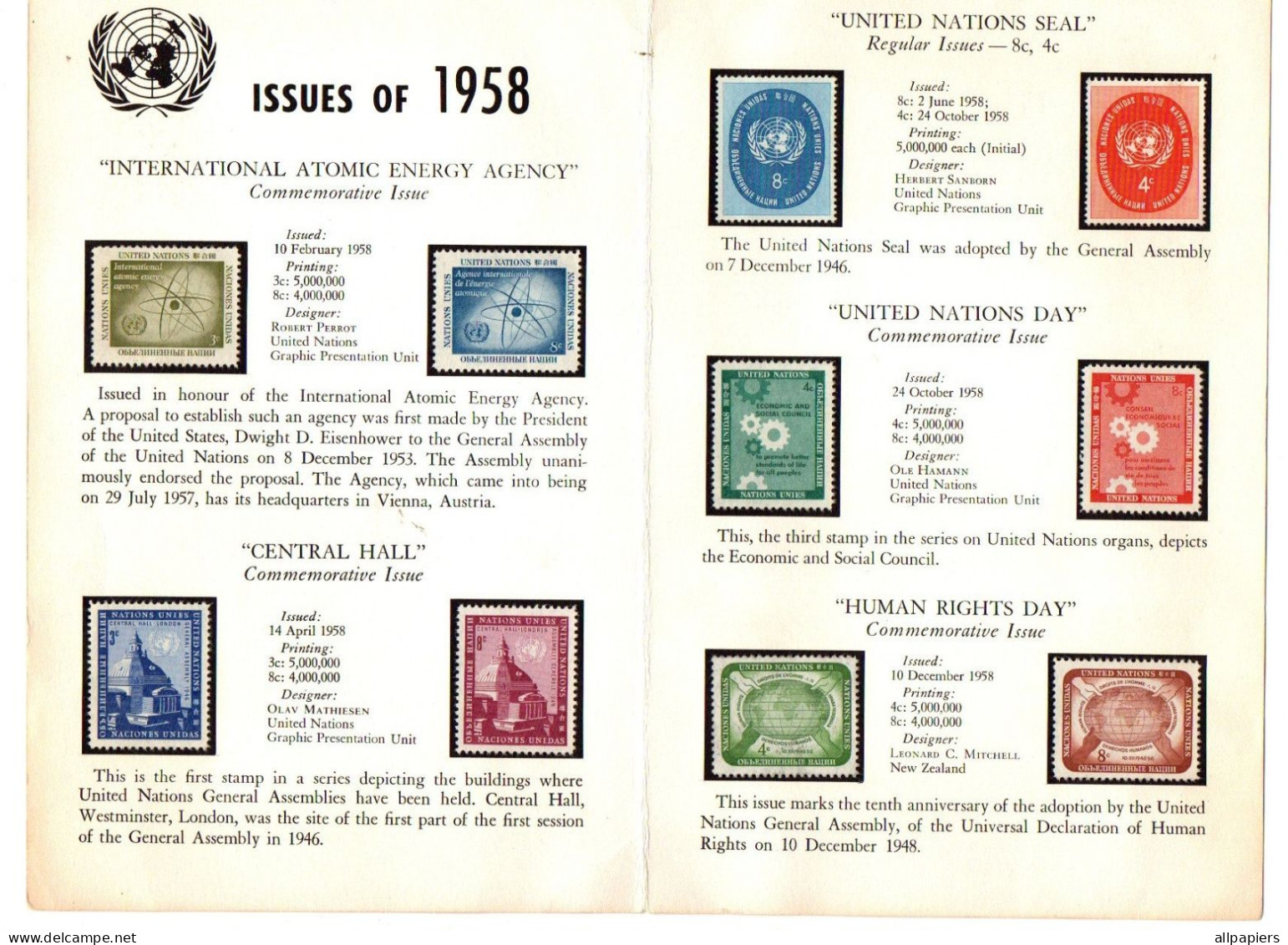 United Nations Postage Stamps Souvenir Folder Issues Of 1958 - Format : 21.5x14 Cm Soit 2 Pages Avec 10 Timbres - Altri & Non Classificati