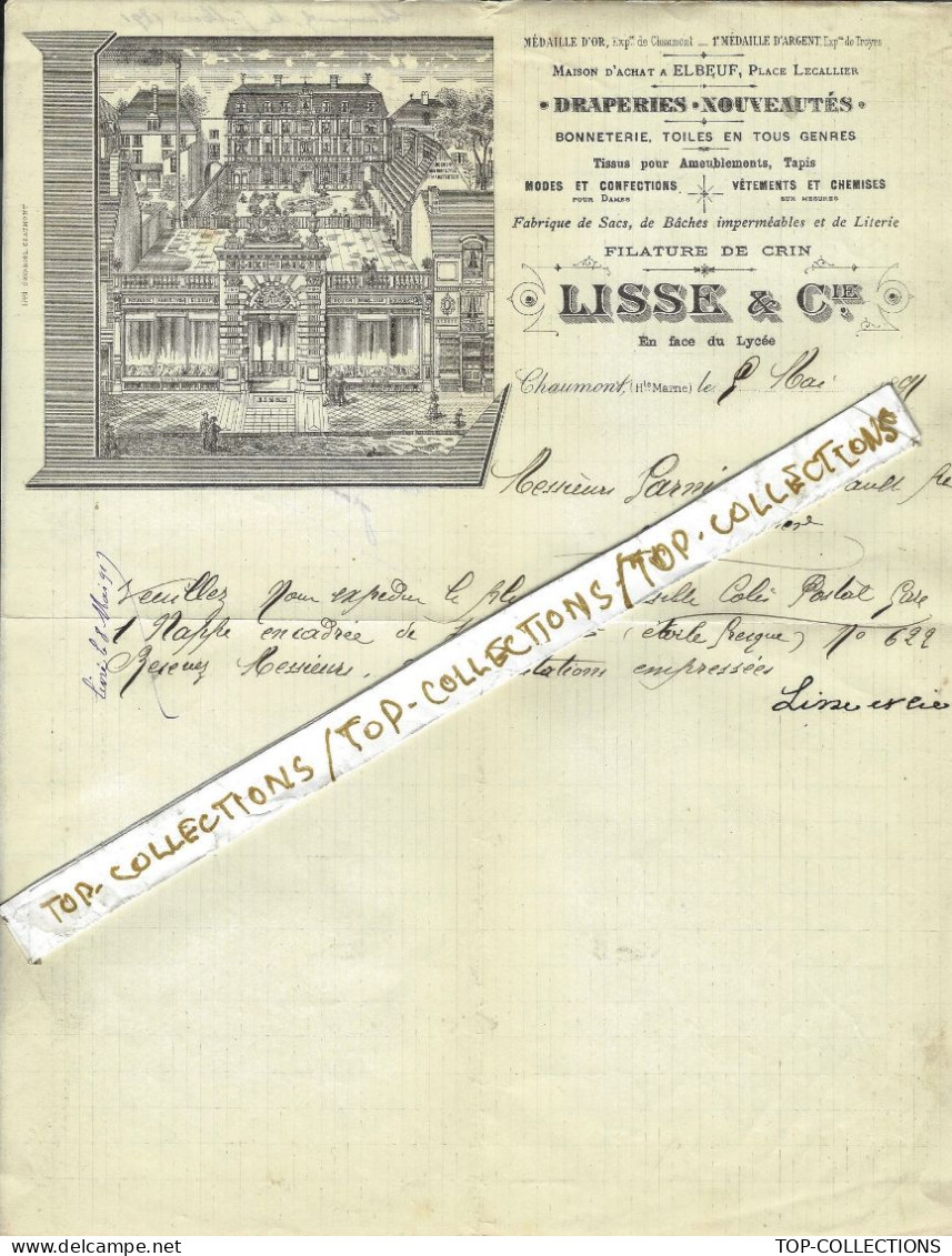 1891 Chaumont  En Bassigny Haute Marne SUPERBE ENTETE DRAPERIES NOUVEAUTES Lisse & Cie => Garnier Thiebault Gérardmer - 1800 – 1899