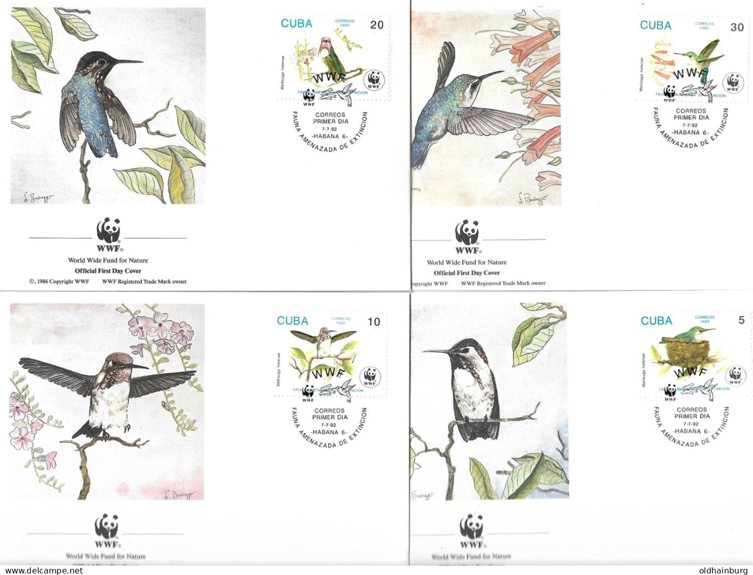 1121b: Cuba 1992, WWF- Ausgabe Bienenelfe, 4- Teilige Serie **/ FDC/ Maximumkarten (3 Scans) - Colibris