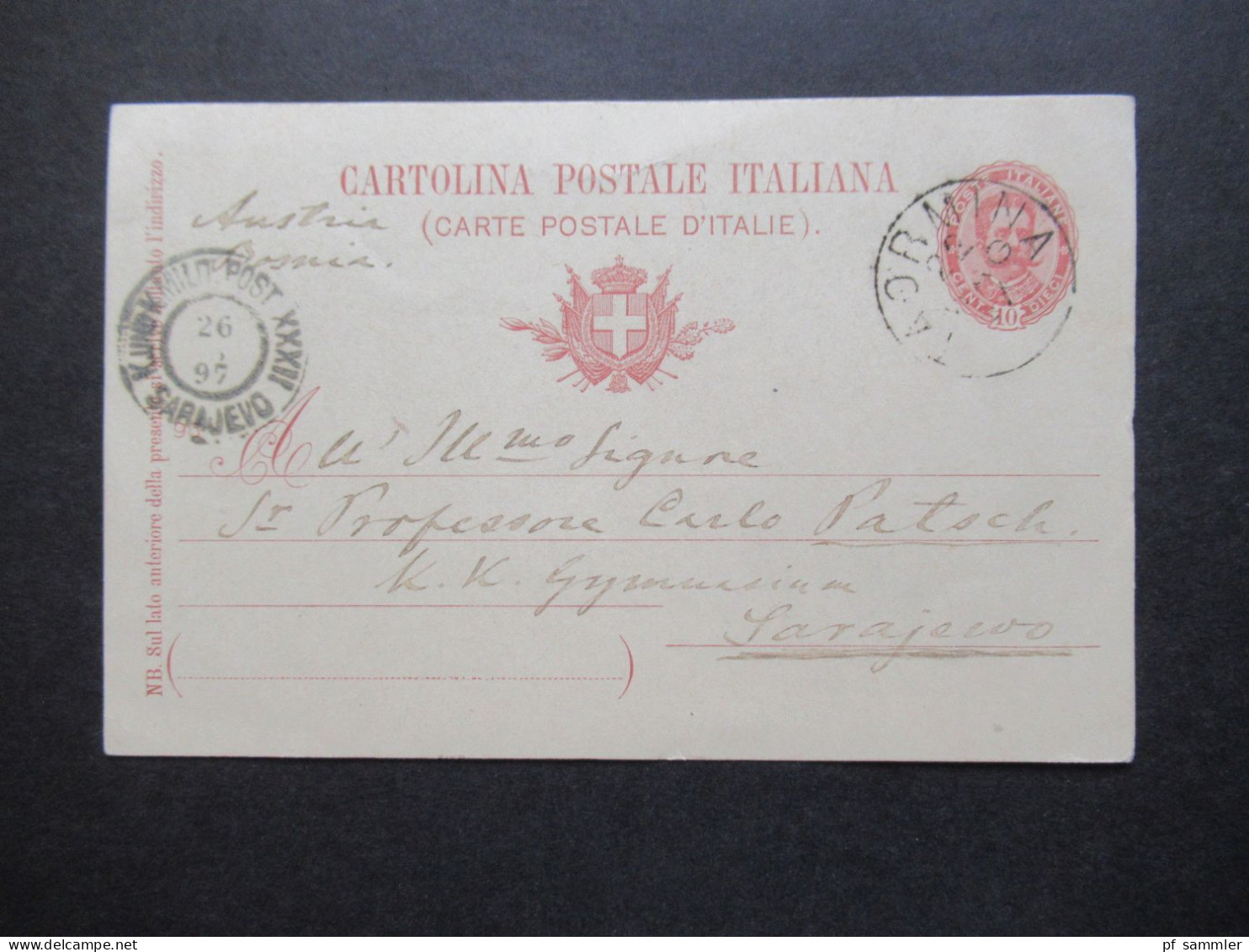 Italien 1897 Auslands PK Taormina - Sarajevo Österreich Bosnien Mit Ank. Stempel K Und K Milit. Post XXXII Sarajevo - Interi Postali