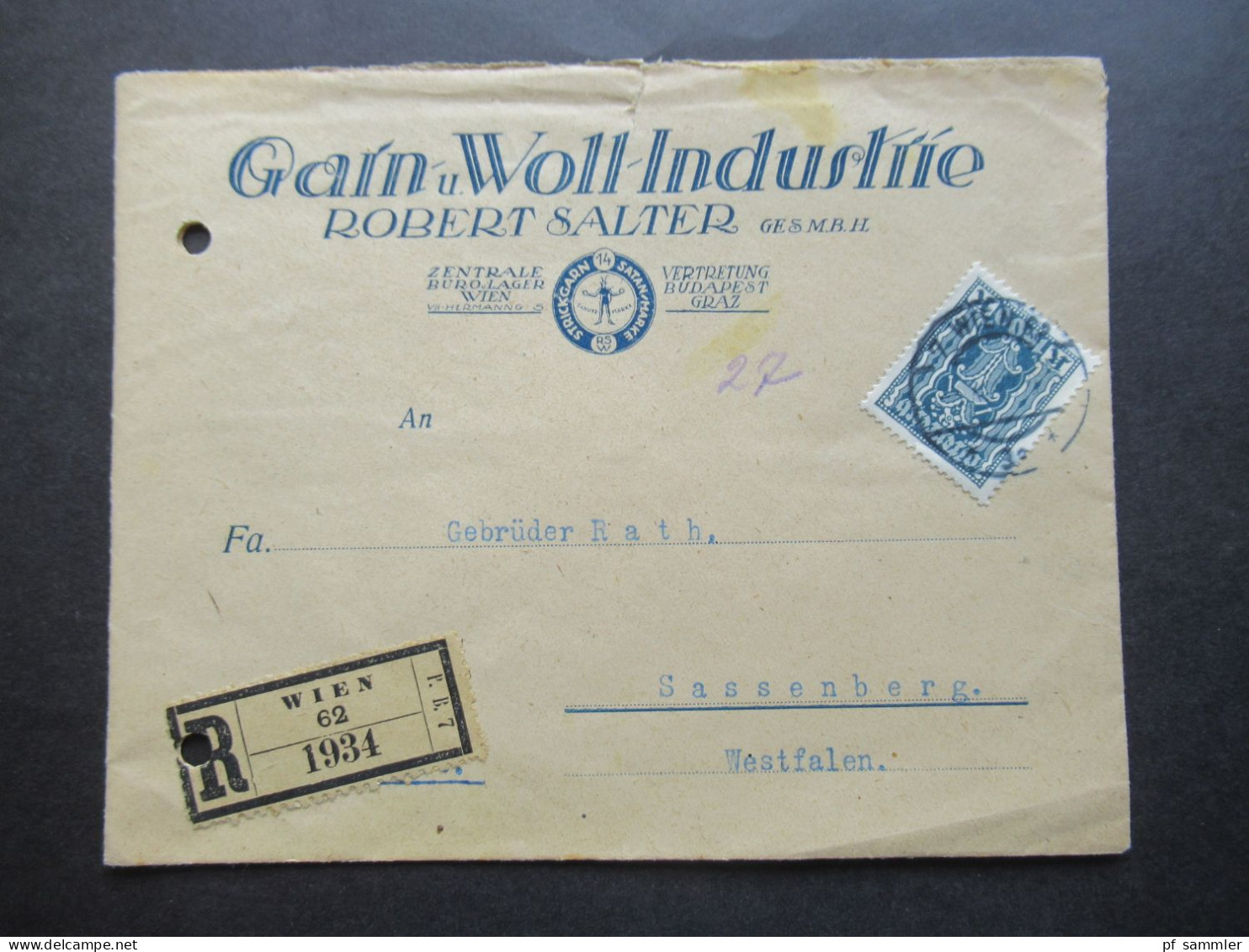 Österreich 1923 Hammer Und Zange Nr.391 EF Dekorativer Umschlag Garn U. Woll Industrie Robert Salter Einschreiben Wien - Covers & Documents