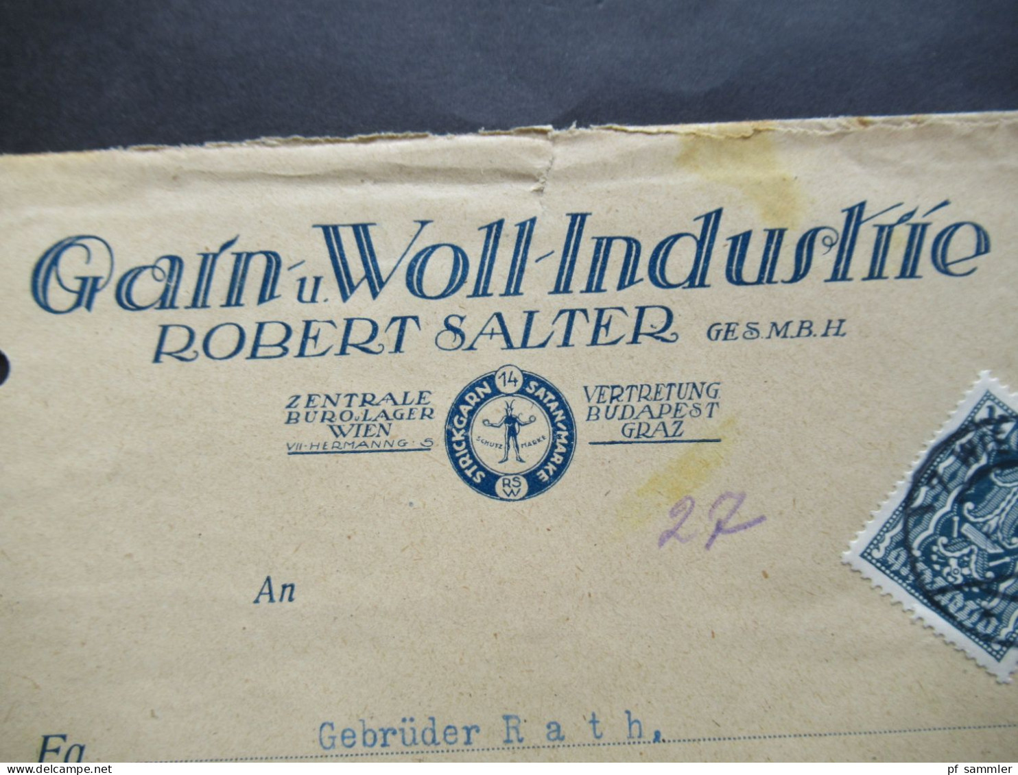 Österreich 1923 Hammer Und Zange Nr.391 EF Dekorativer Umschlag Garn U. Woll Industrie Robert Salter Einschreiben Wien - Covers & Documents