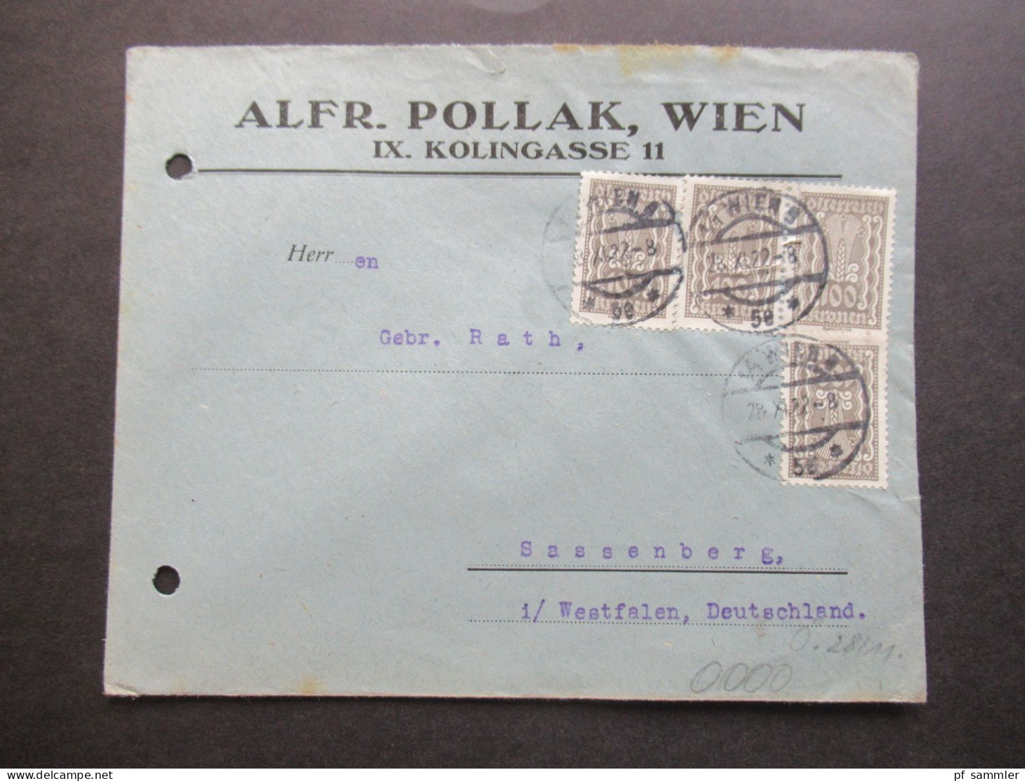 Österreich 1922 Kornähre Nr.378 (4) MeF Umschlag Alfr. Pollak, Wien Nach Sassenberg I. Westfalen Gesendet - Covers & Documents