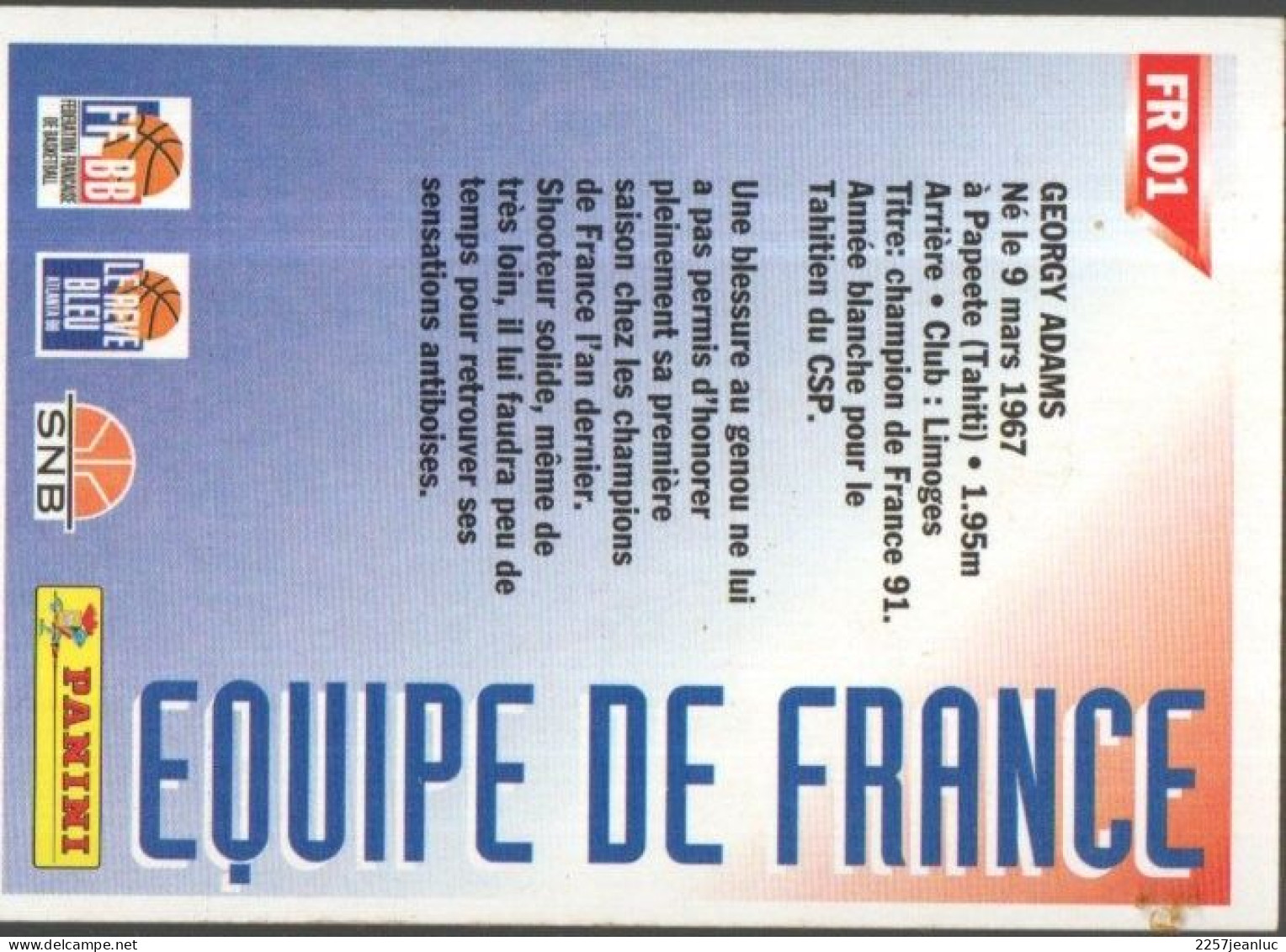 Carte Panini Equipe De France De  Basket Ball *  Gorgy Adams Champion De France  1991 - Baloncesto