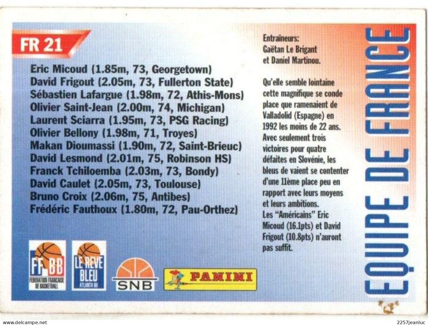 Carte Panini FR 21 * Equipe De France Espoirs  De  Basket Ball - Basket-ball