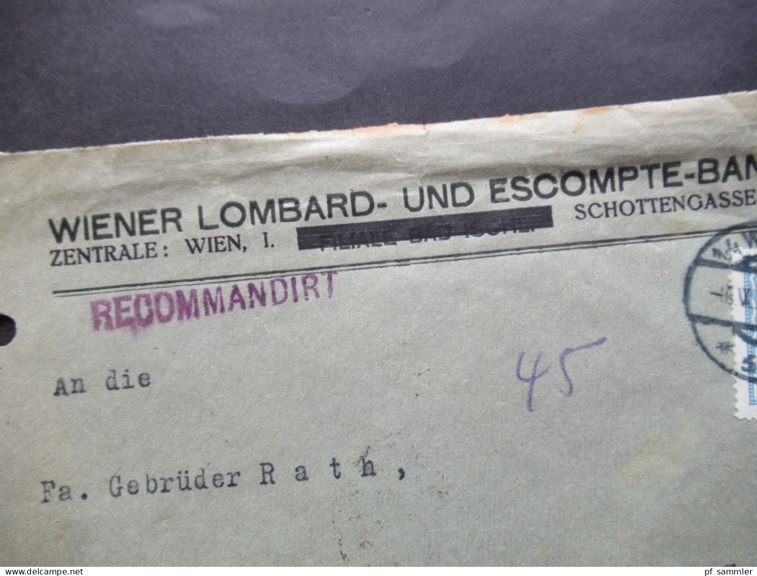 Österreich 1924 Nr.396 EF Mit Perfin Firmenlochung Umschlag Wiener Lombard U. Escompte Bank Einschreiben Wien - Sassenbe - Covers & Documents