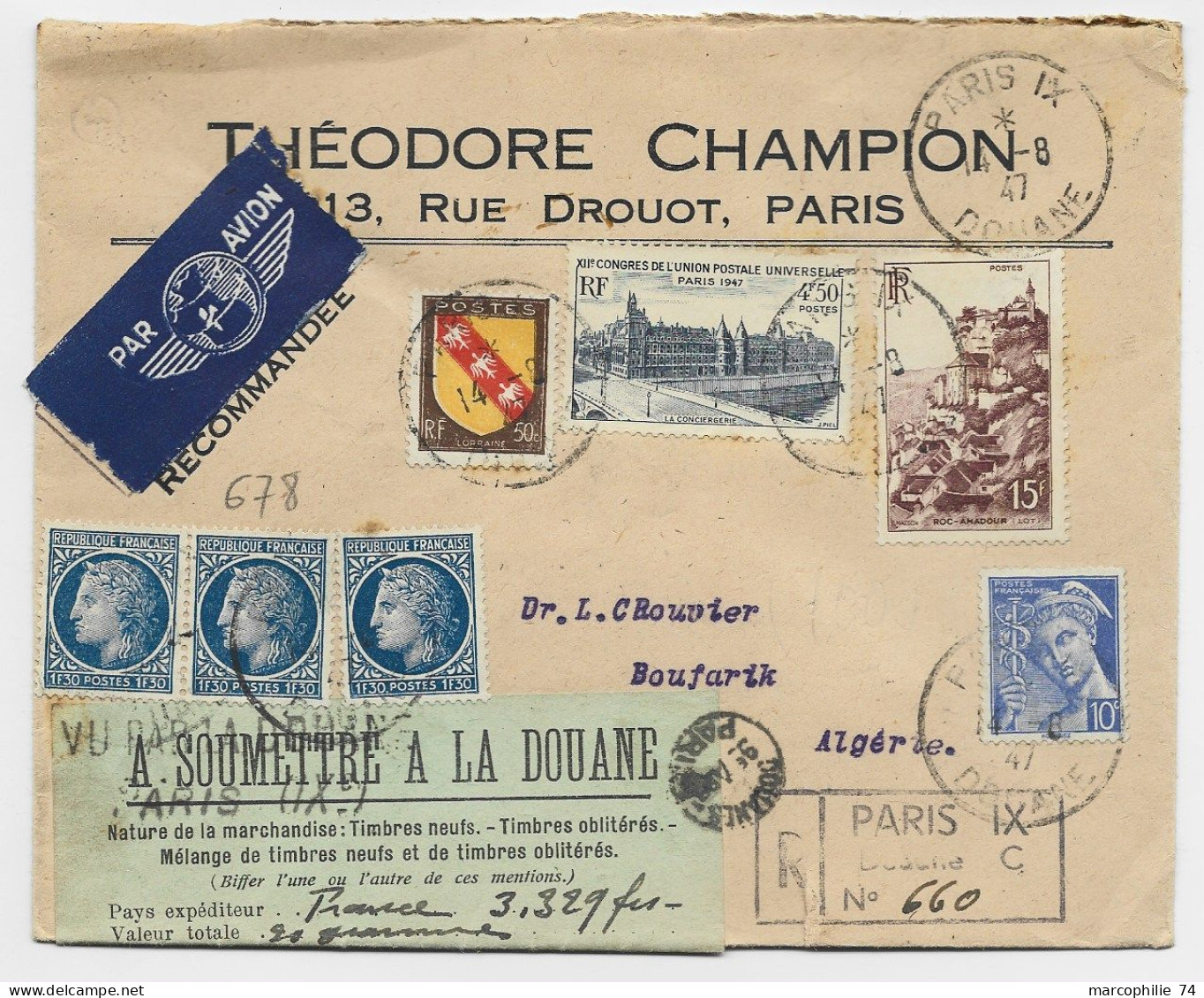 FRANCE MAZELIN 1FR30 X3+ 15FR+4FR50 UPU + 10C MERCURE +50C BLASON LETTRE REC AVION PARIS IX 14.8.1947 DOUANE POUR ALGERI - 1945-47 Ceres (Mazelin)