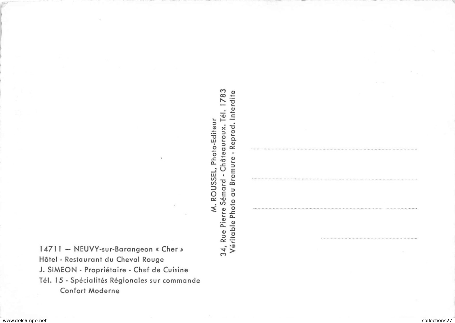 18-NEUVY-SUR-BARANGEON- HÔTEL RESTAURANT DU CHEVAL ROUGE - J SIMEON PROPRIETAIRE - Autres & Non Classés