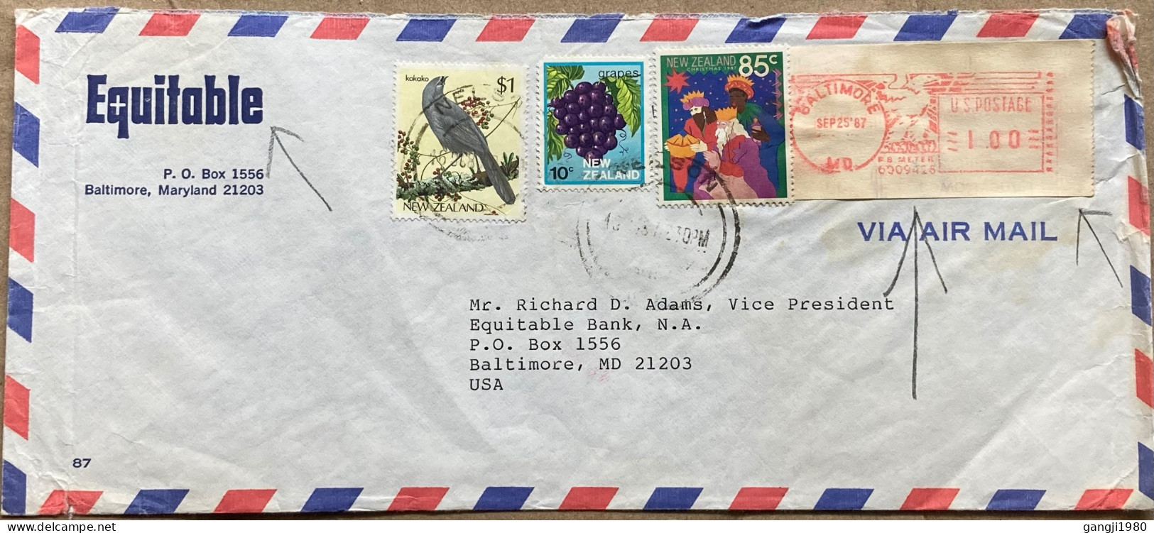 NEW ZEALAND-USA COMBO COVER USED, BIRD, GRAPE FRUIT, PLANT, CHRISTMAS, +USA-METER STAMP, LABEL, FIRM EQUITABLE, NELSON & - Brieven En Documenten