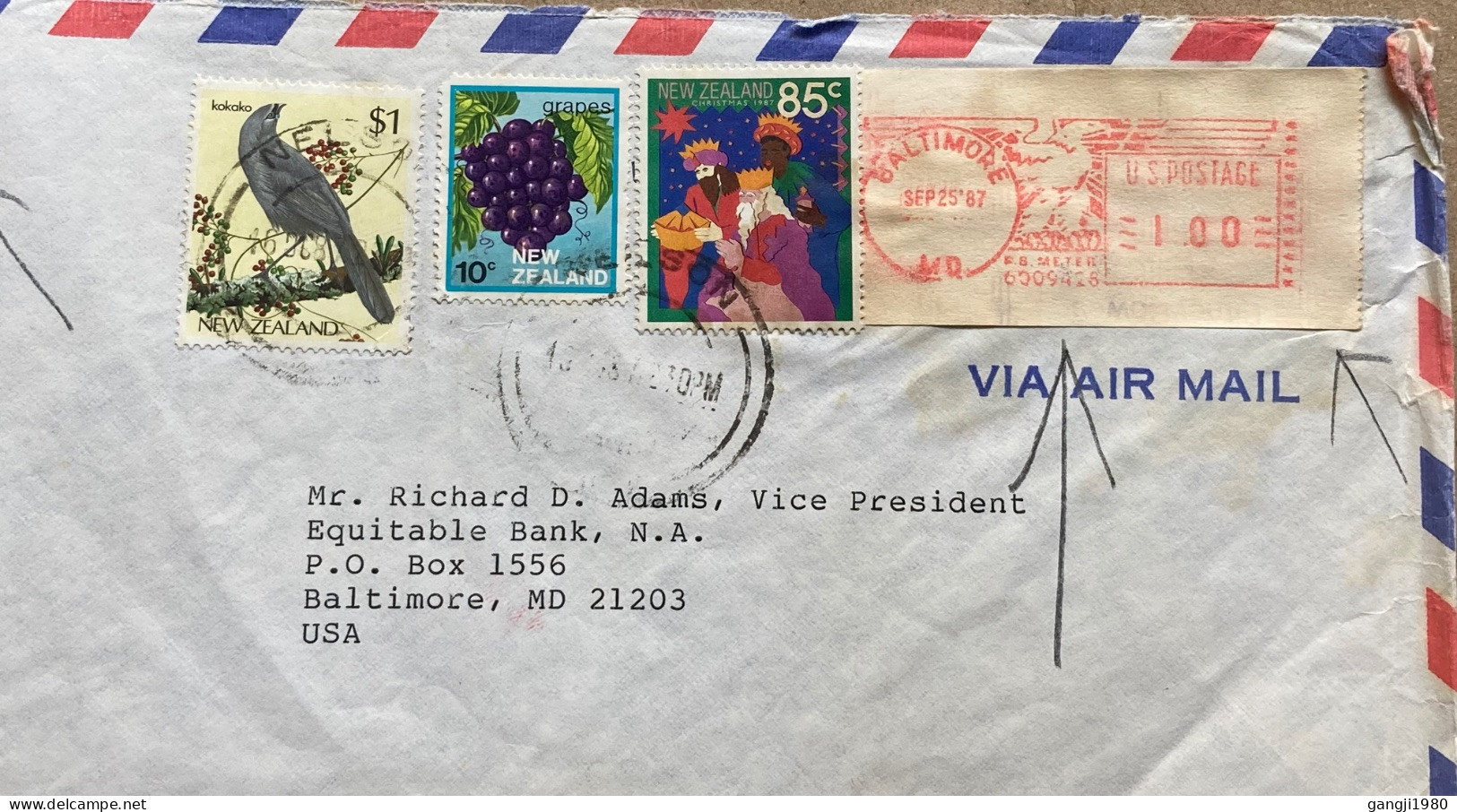 NEW ZEALAND-USA COMBO COVER USED, BIRD, GRAPE FRUIT, PLANT, CHRISTMAS, +USA-METER STAMP, LABEL, FIRM EQUITABLE, NELSON & - Brieven En Documenten