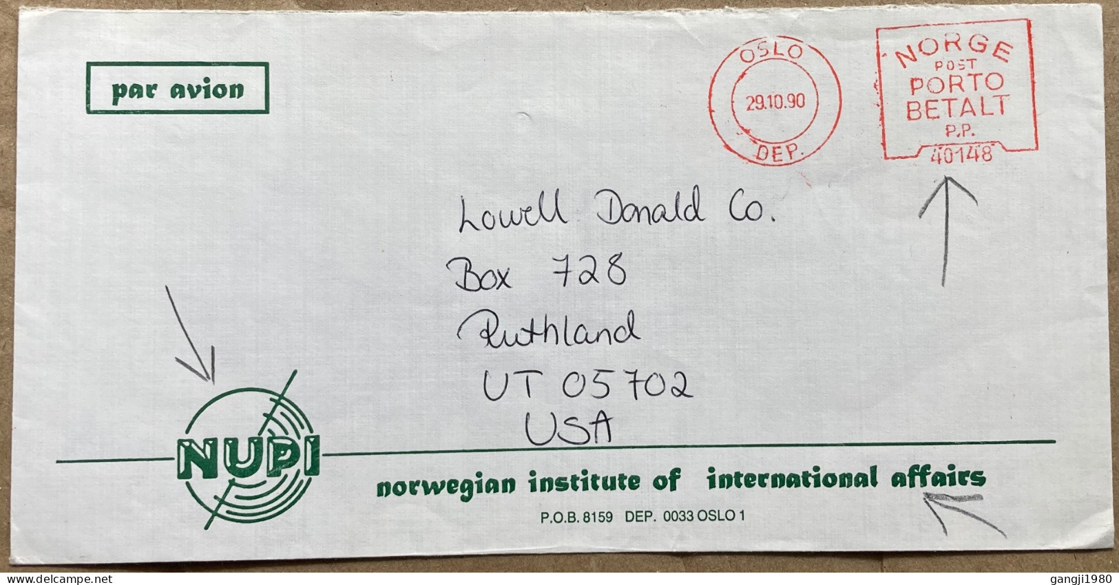 NORWAY1990, ILLUSTRATE COVER, USED TO USA, METER MACHINE CANCEL, NORGE POST, PORTO BETALT, COVER NUP, OF INTERNATIONAL A - Briefe U. Dokumente