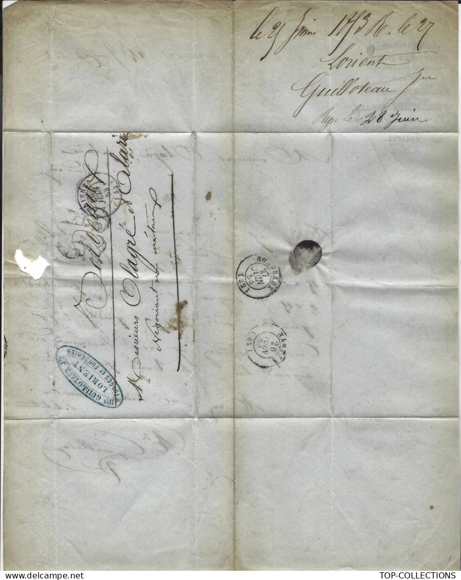 MORBIHAN  1853 ENTETE FORGES ET FONDERIE Guillotaux Jeune à Lorient Pour Bordeaux V.HISTORIQUE SUR CETTE FONDERIE - 1800 – 1899