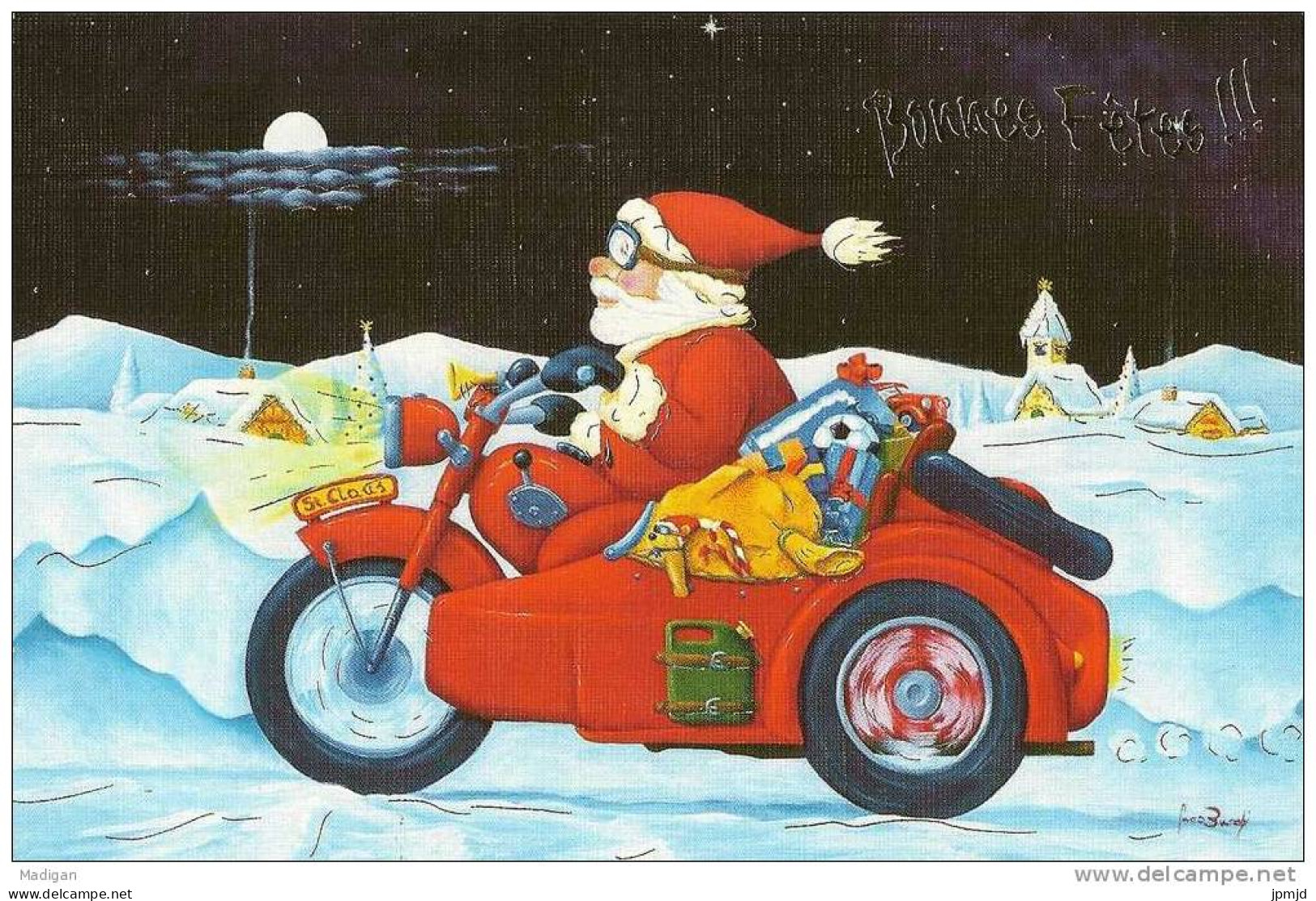 Carte De Voeux Bonnes Fêtes - Père Noel Santa Claus Faisant Sa Tournée à Moto - Kerstmannen