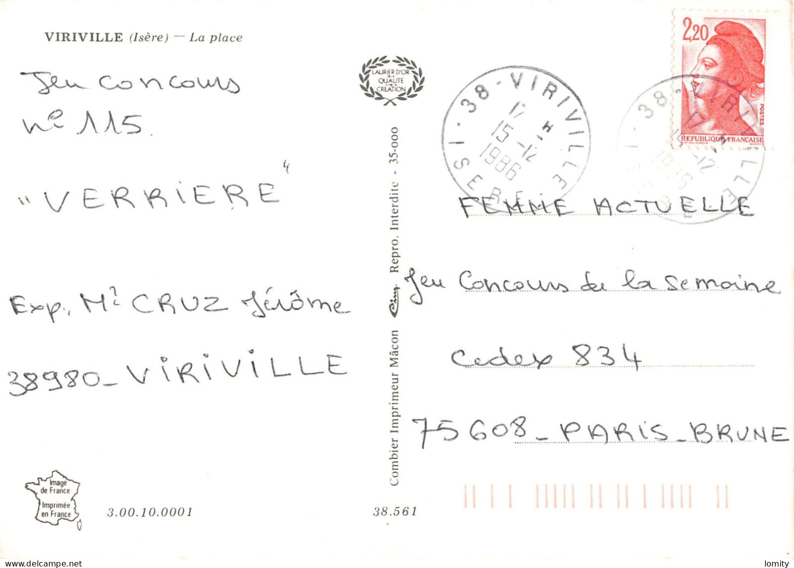 38 Viriville La Place CPM Cachet 1986 , Voiture Auto Renault R16 Restaurant Journaux Paterie - Viriville