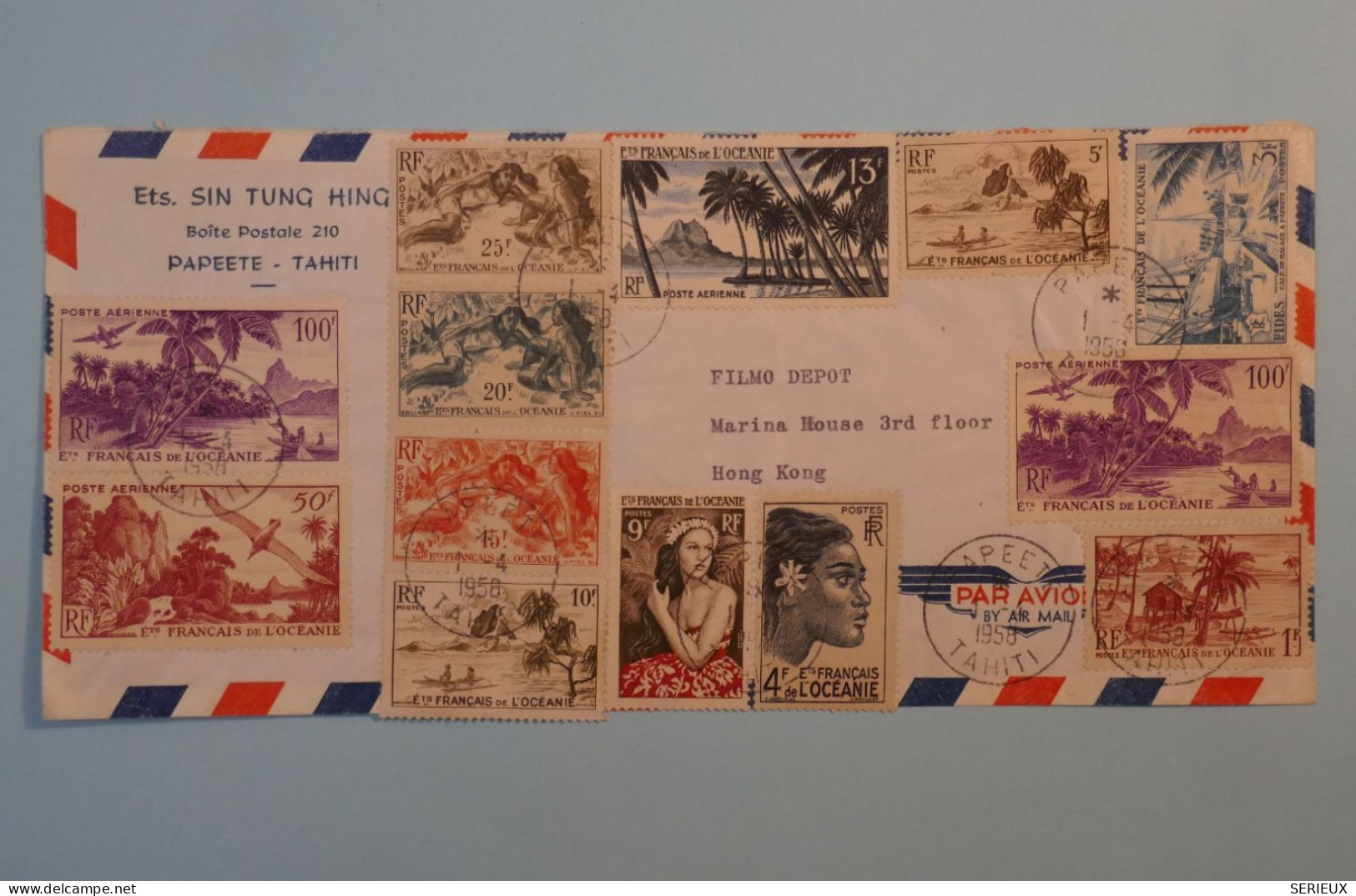 BT 16 ETAB. OCEANIE  BELLE LETTRE  RARE 1953 BY AIR MAIL  PAPEETE  A HONG KONG CHINA +AFFR SPECTACULAIRE +++ - Storia Postale