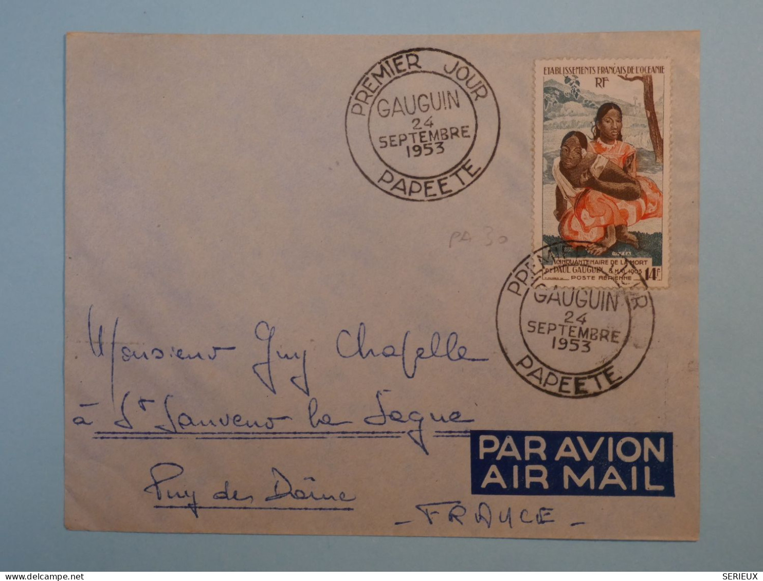 C ETAB. OCEANIE  BELLE LETTRE  FDC RARE 1953   PAPEETE  A ST LAURENT  FRANCE + GAUGUIN PA30 +AFFR. PLAISANT ++ - Lettres & Documents