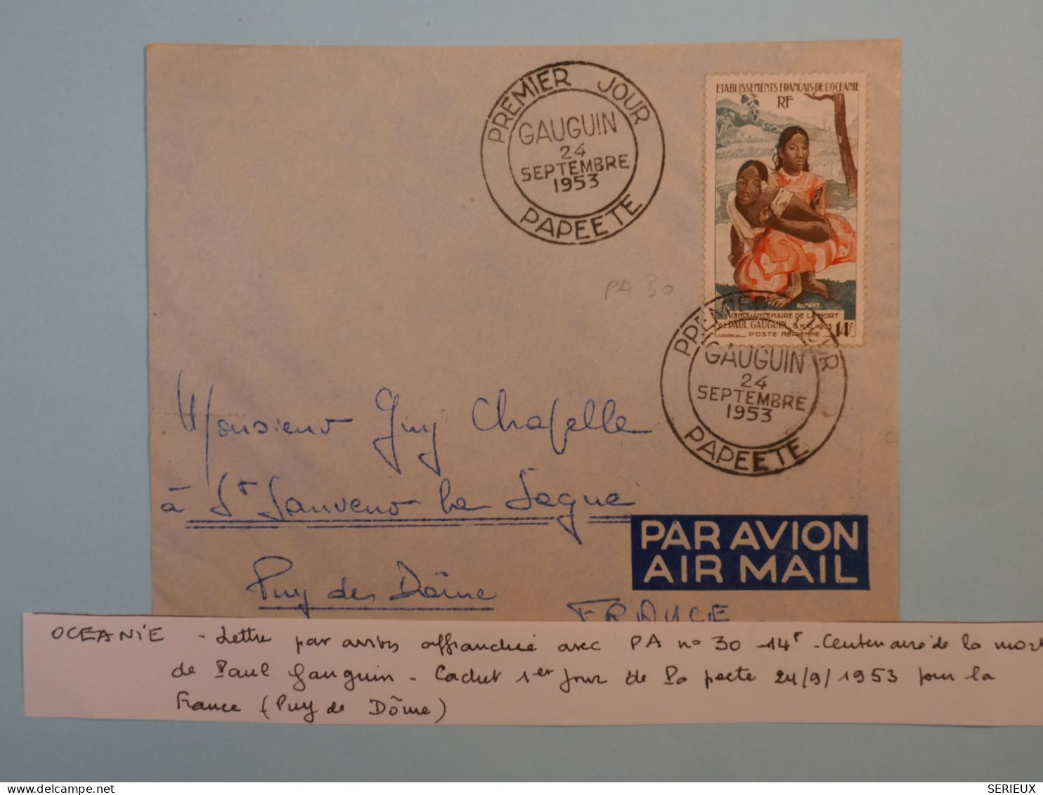 C ETAB. OCEANIE  BELLE LETTRE  FDC RARE 1953   PAPEETE  A ST LAURENT  FRANCE + GAUGUIN PA30 +AFFR. PLAISANT ++ - Storia Postale
