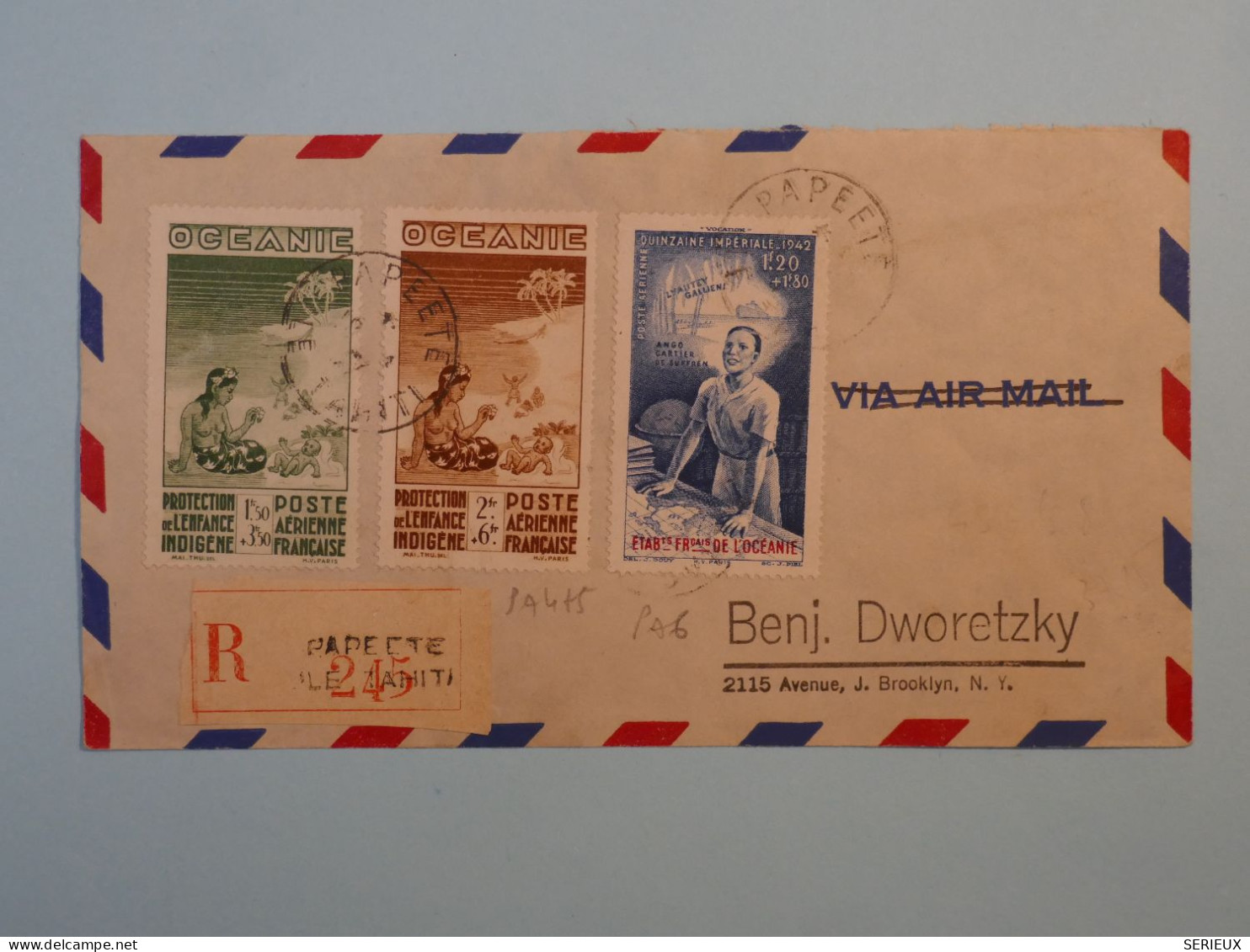 C  ETAB. OCEANIE  BELLE LETTRE  RARE 1947   PAPEETE A NEW YORK USA + BLOC DE 8 TP +AFF. PLAISANT+ - Storia Postale