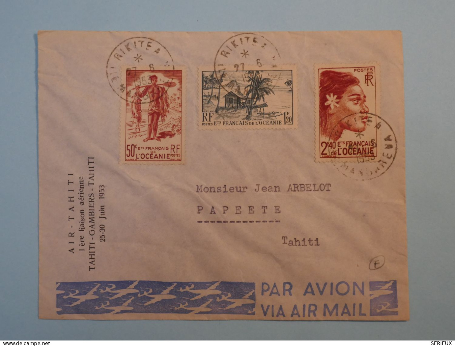 BT16 ETAB. OCEANIE  BELLE LETTRE RARE  1953 PETIT BUREAU RIKITEA A  PAPEETE +AF. PLAISANT+  + - Storia Postale