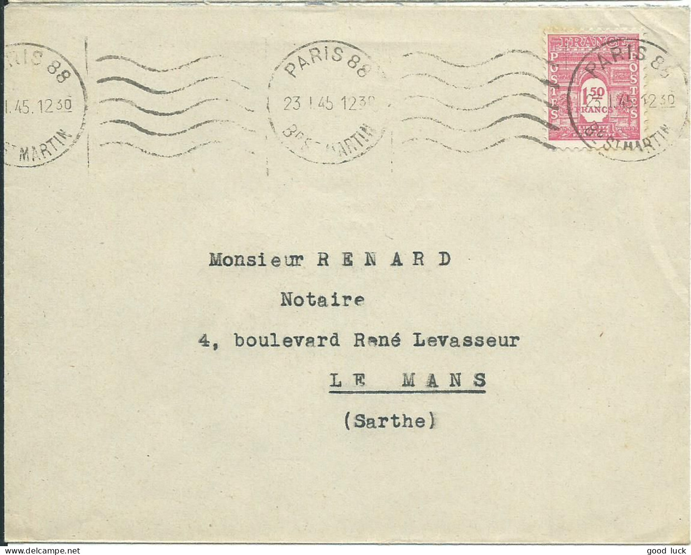 FRANCE LETTRE 1F50 ARC SEUL DE  PARIS POUR LE MANS ( SARTHE ) DE 1945 LETTRE COVER - 1944-45 Arc De Triomphe