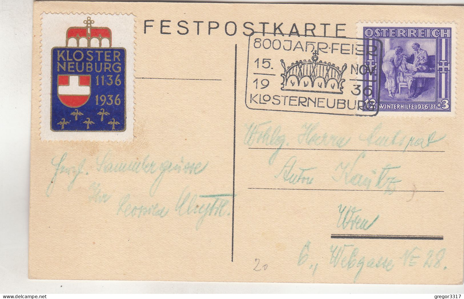C9611) 800 Jahrfeier KLOSTERNEUBURG  1136-1936  . Sonderstempel 1936 - Klosterneuburg