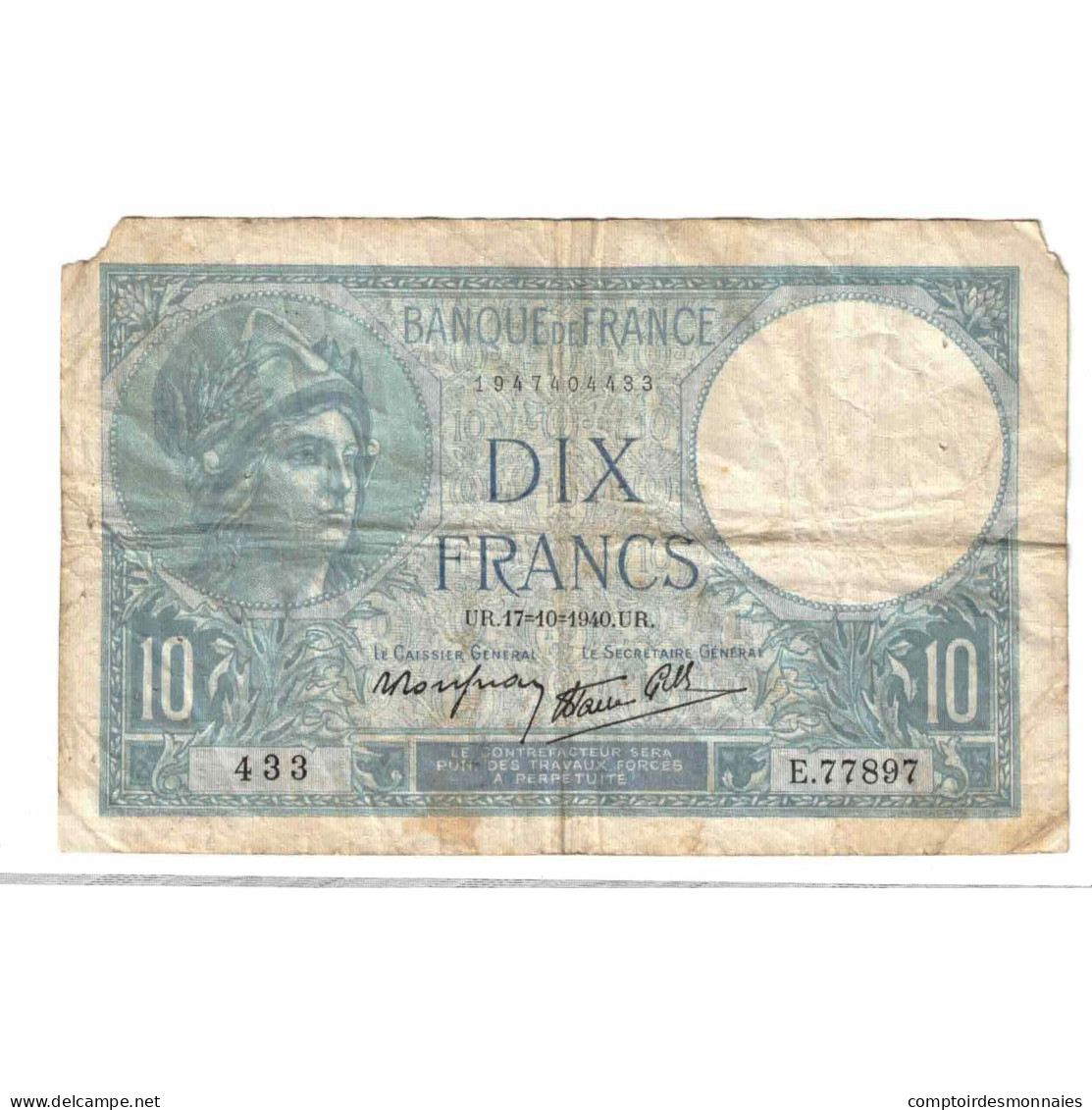 France, 10 Francs, Minerve, 1940, E.77897, B, Fayette:7.17, KM:84 - 10 F 1916-1942 ''Minerve''