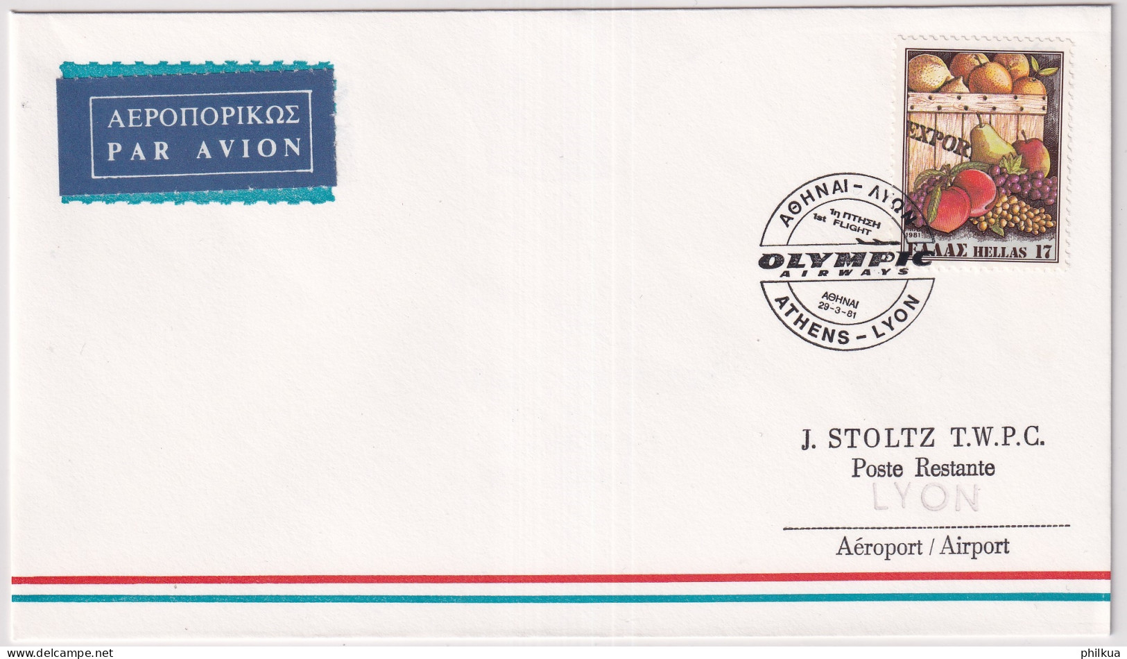 Olympic Airways Erstflug 29. März 1981 Von ATHEN Griechenland Nach LYON Frankreich - Covers & Documents