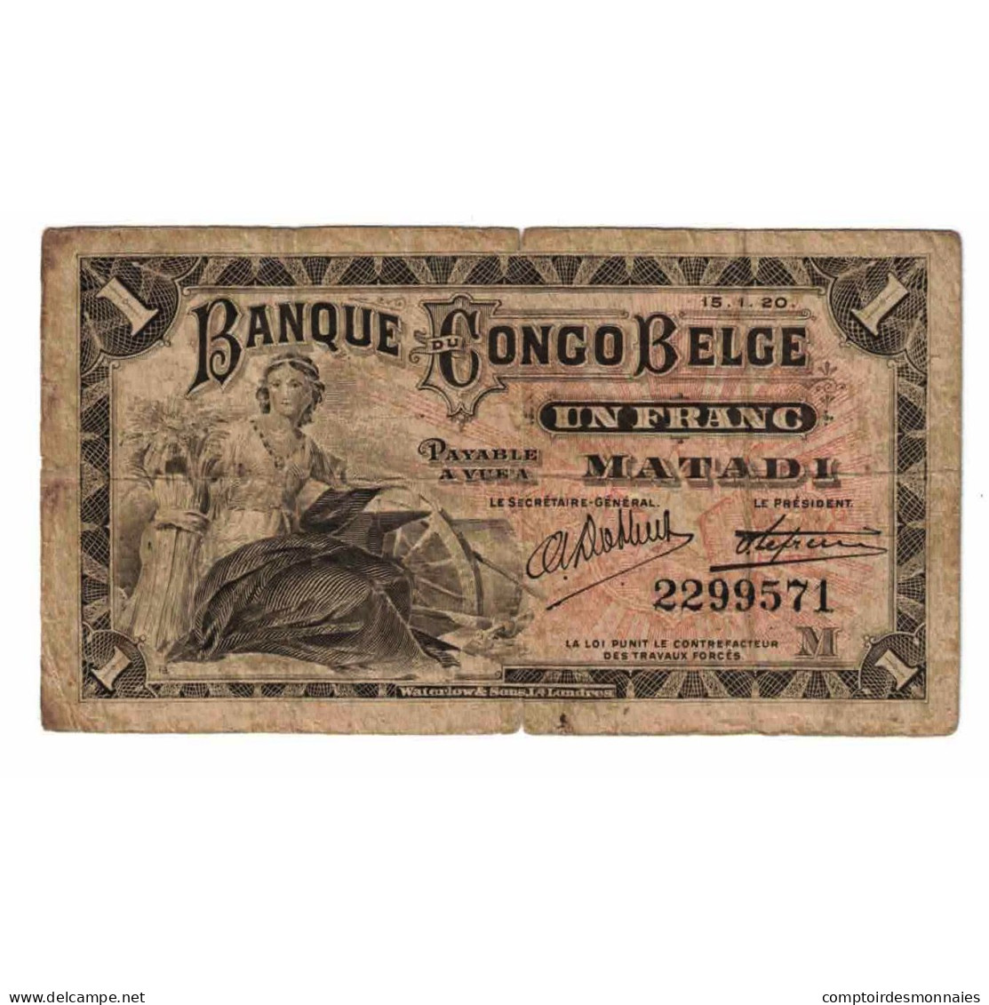 Billet, Congo Belge, 1 Franc, 1920, 1920-01-15, KM:3b, B+ - Demokratische Republik Kongo & Zaire