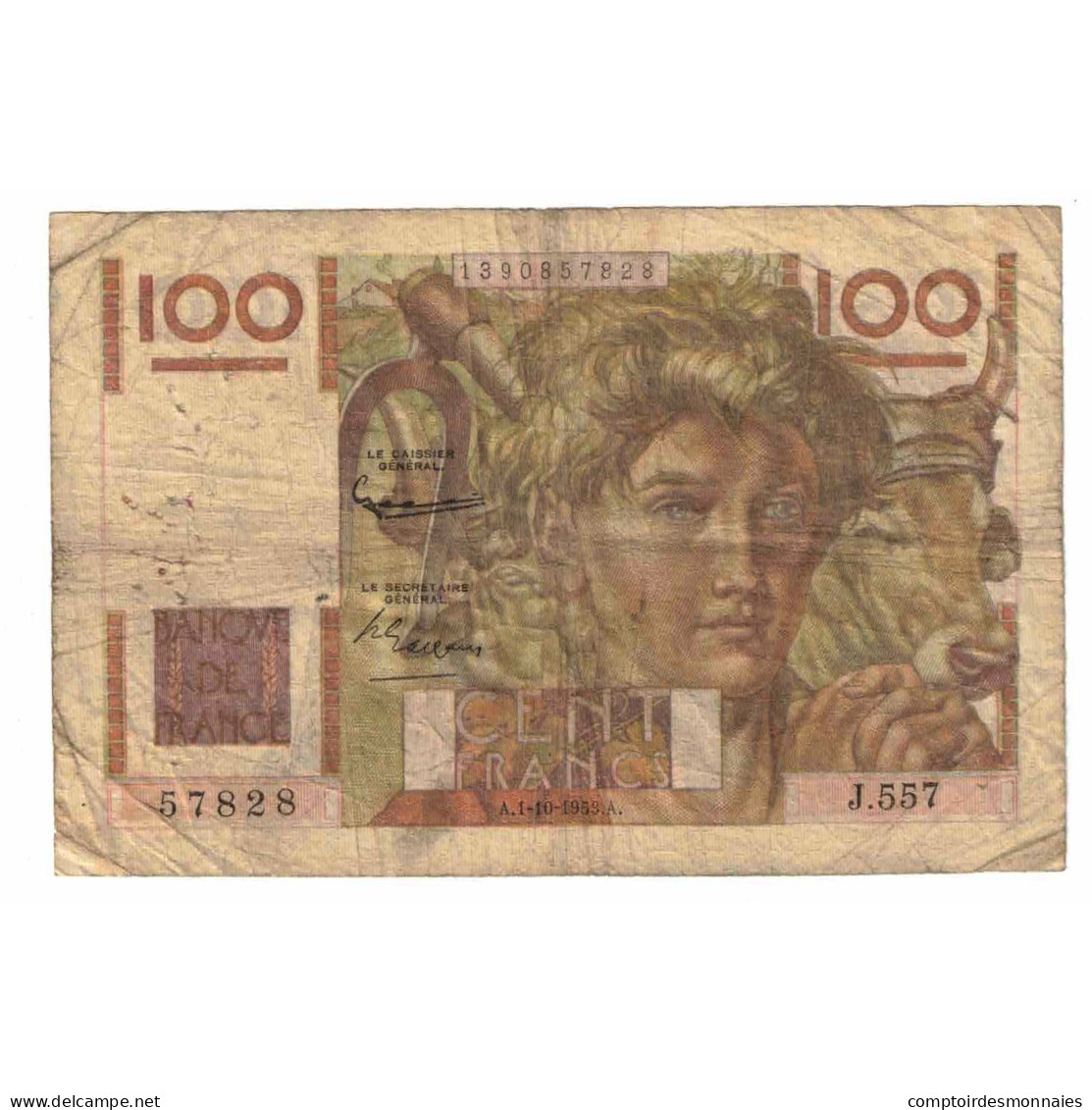 France, 100 Francs, Jeune Paysan, 1953, J.557, B, Fayette:28bis.3, KM:128e - 100 F 1945-1954 ''Jeune Paysan''
