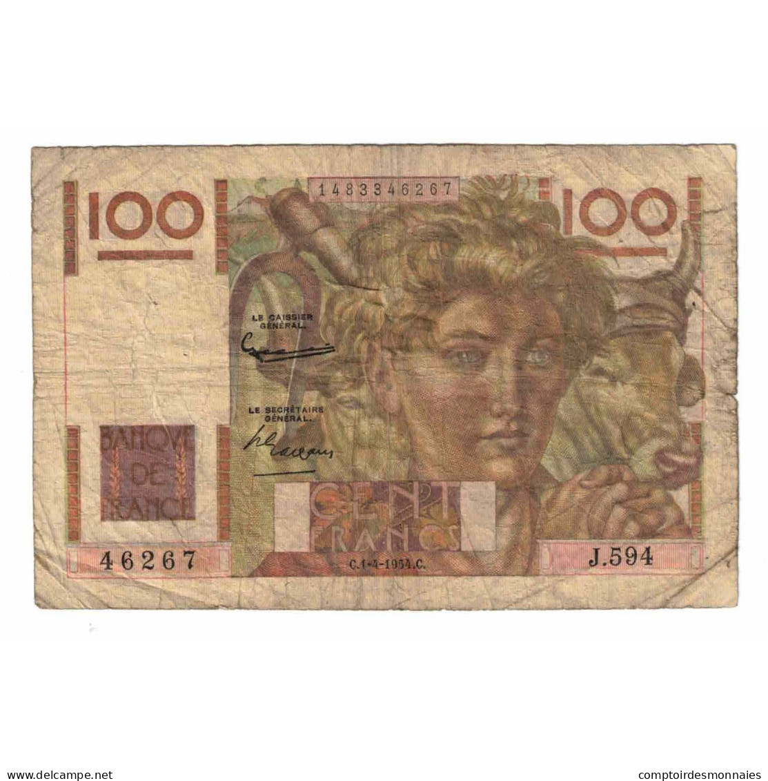 France, 100 Francs, Jeune Paysan, 1954, J.594, B, Fayette:28bis.3, KM:128e - 100 F 1945-1954 ''Jeune Paysan''