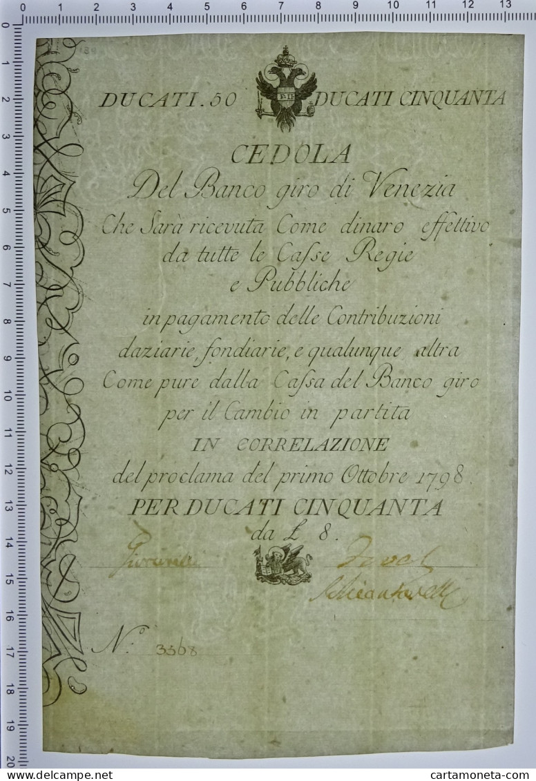 50 DUCATI CEDOLA BANCO GIRO DI VENEZIA 01/10/1798 SUP+ - Andere & Zonder Classificatie