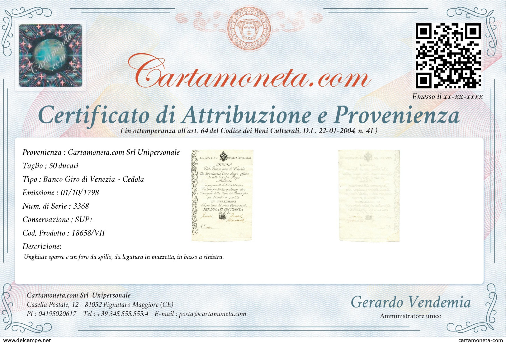 50 DUCATI CEDOLA BANCO GIRO DI VENEZIA 01/10/1798 SUP+ - Other & Unclassified