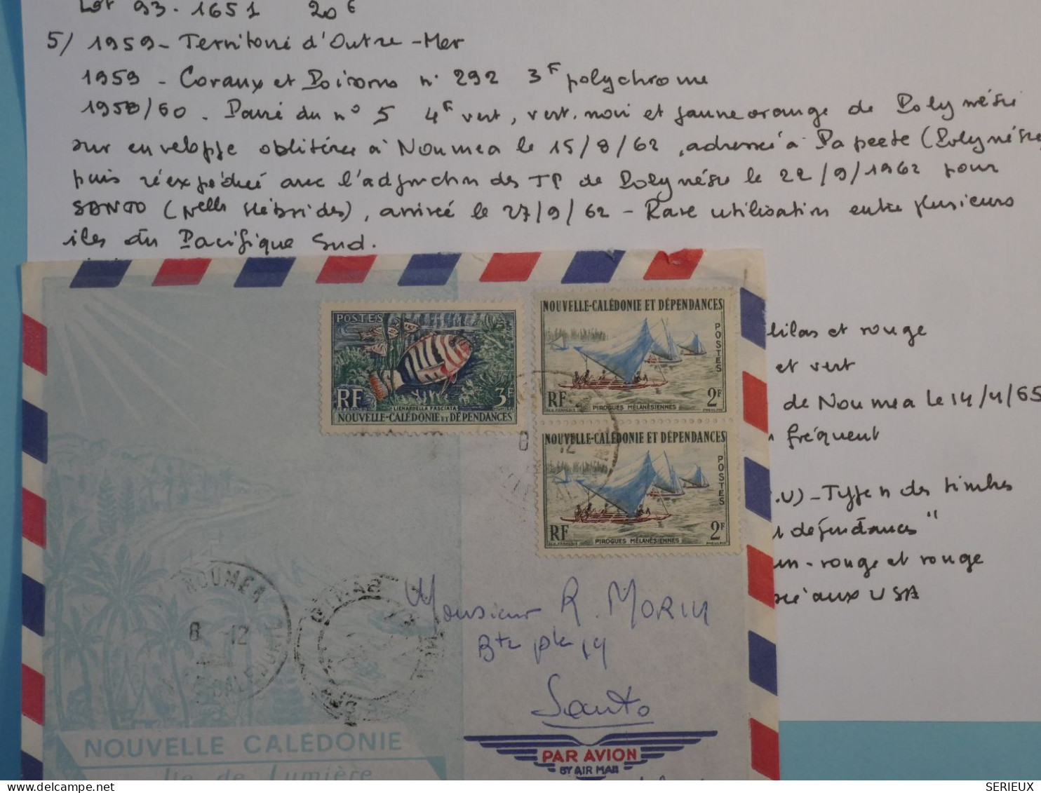 BT16  NOUVELLE CALEDONIE  BELLE LETTRE  RR 1962 NOUMEA  A SANTO NVELLES HEBRIDES   +PAIRE DE TP++ PAS  COURANT+ + - Cartas & Documentos