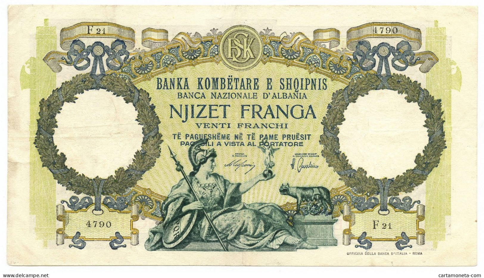 20 FRANCHI REGNO D'ITALIA E ALB. BANCA NAZIONALE D'ALBANIA GIUGNO 1939 BB+ - Sin Clasificación