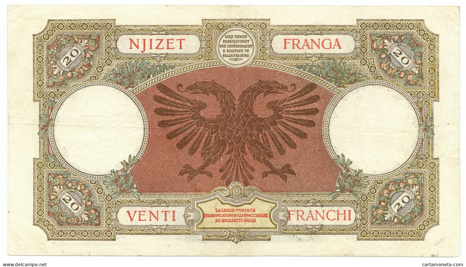 20 FRANCHI REGNO D'ITALIA E ALB. BANCA NAZIONALE D'ALBANIA GIUGNO 1939 BB+ - Ohne Zuordnung