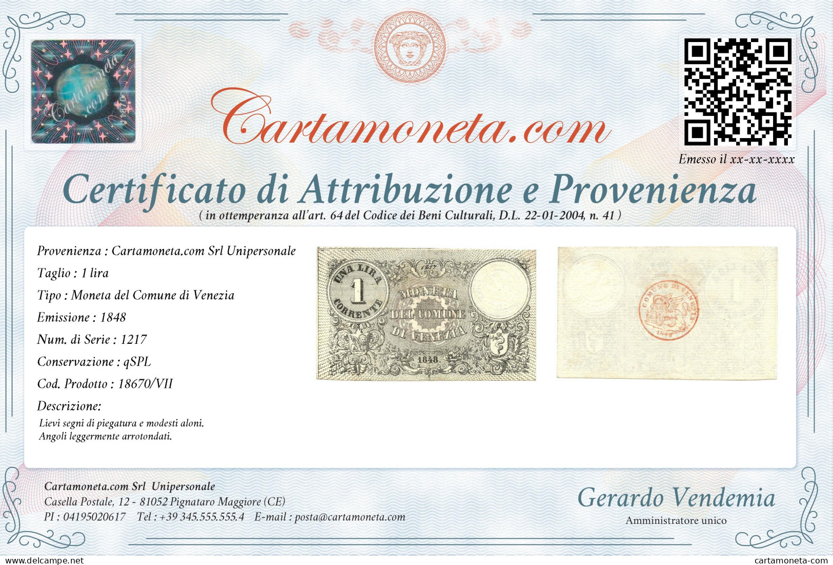 1 LIRA MONETA DEL COMUNE DI VENEZIA 1848 QSPL - Otros & Sin Clasificación