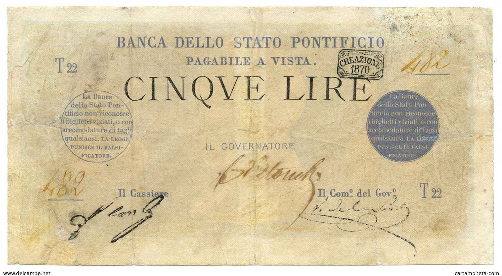 5 LIRE BANCA DELLO STATO PONTIFICIO 1870 MB/MB+ - Sonstige & Ohne Zuordnung