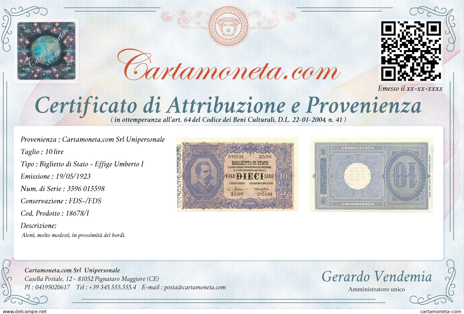 10 LIRE BIGLIETTO DI STATO EFFIGE UMBERTO I 19/05/1923 FDS-/FDS - Sonstige