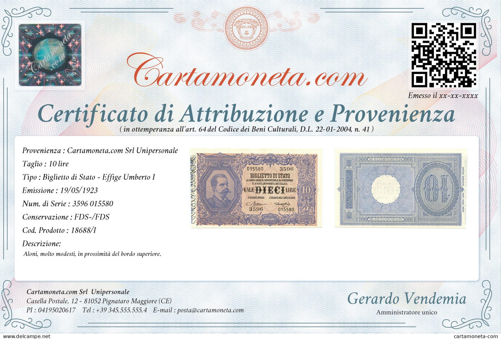 10 LIRE BIGLIETTO DI STATO EFFIGE UMBERTO I 19/05/1923 FDS-/FDS - Otros