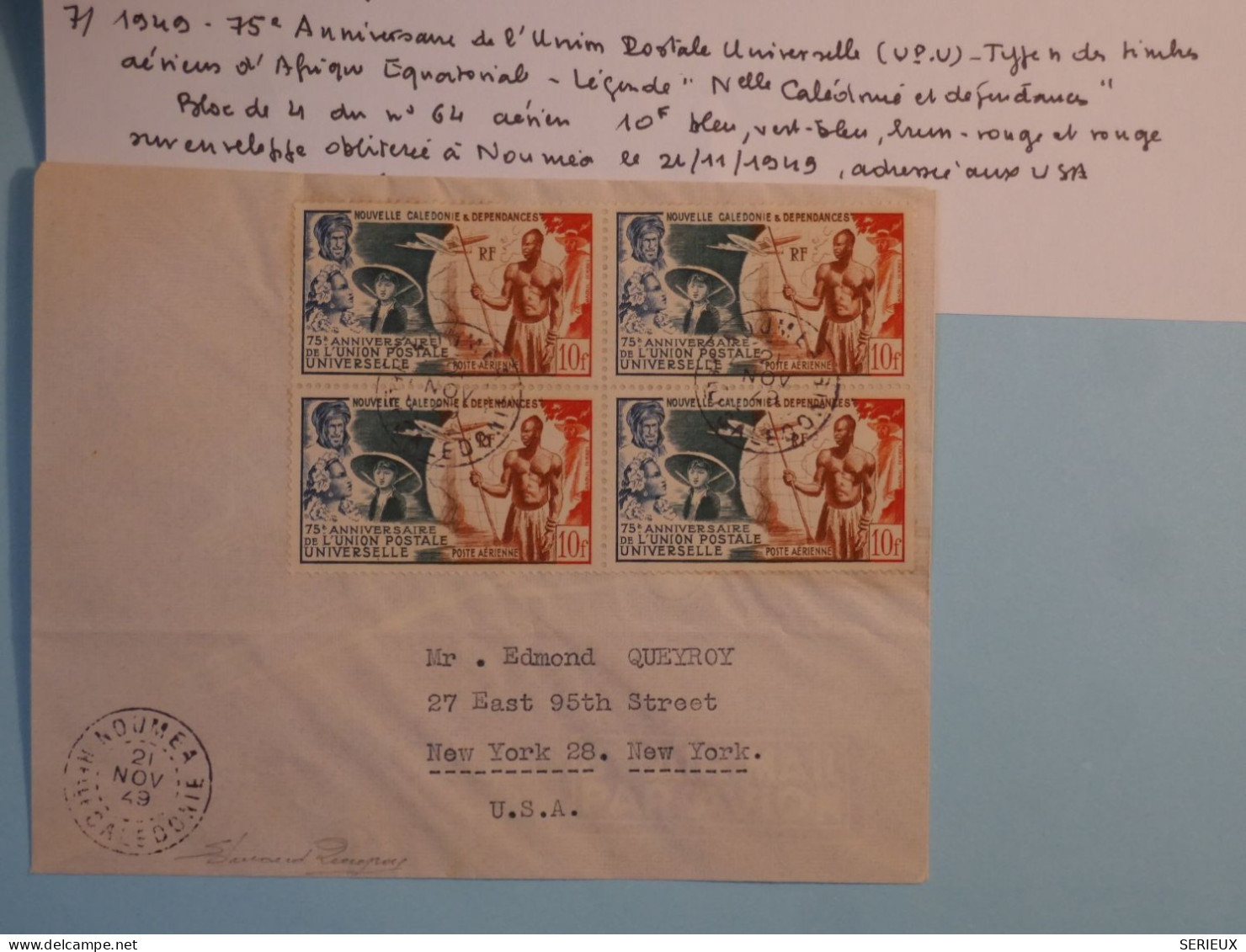BT16  NOUVELLE CALEDONIE  BELLE LETTRE  RR 1949 NOUMEA  A SANTO NVELLES HEBRIDES   +PAIRE DE TP++ PAS  COURANT+ + - Covers & Documents