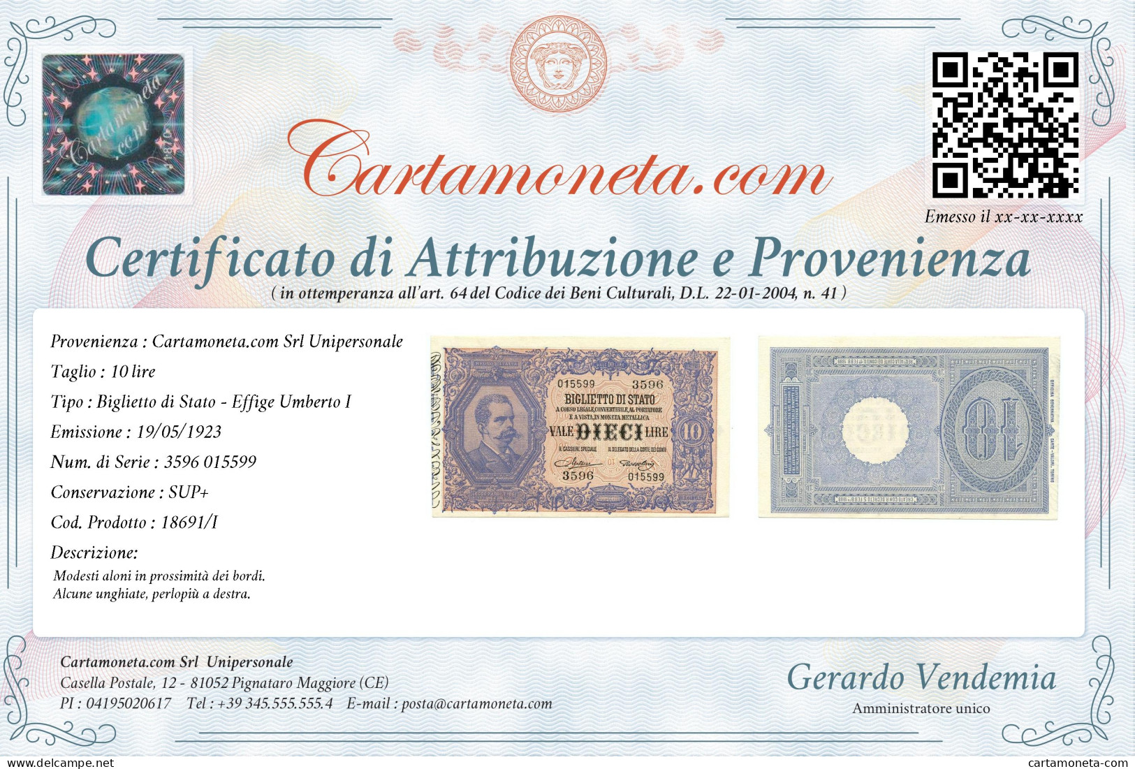 10 LIRE BIGLIETTO DI STATO EFFIGE UMBERTO I 19/05/1923 SUP+ - Regno D'Italia – Other