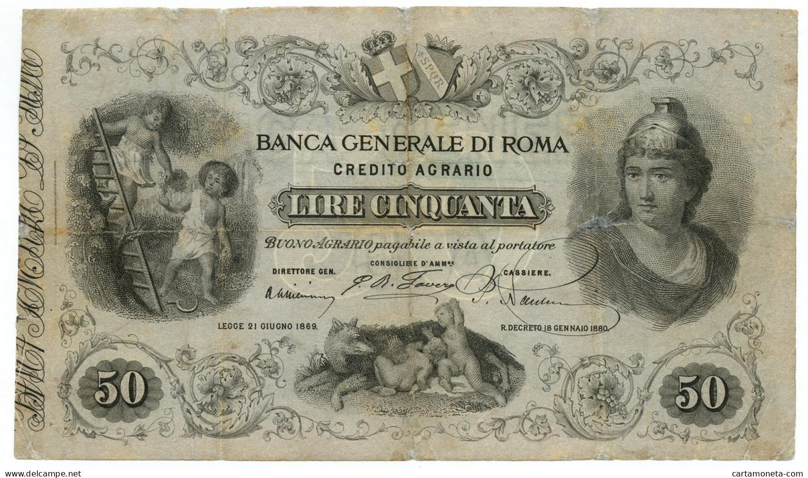 50 LIRE NON EMESSO BANCA GENERALE DI ROMA CREDITO AGRARIO 18/01/1880 MB/BB - Other & Unclassified