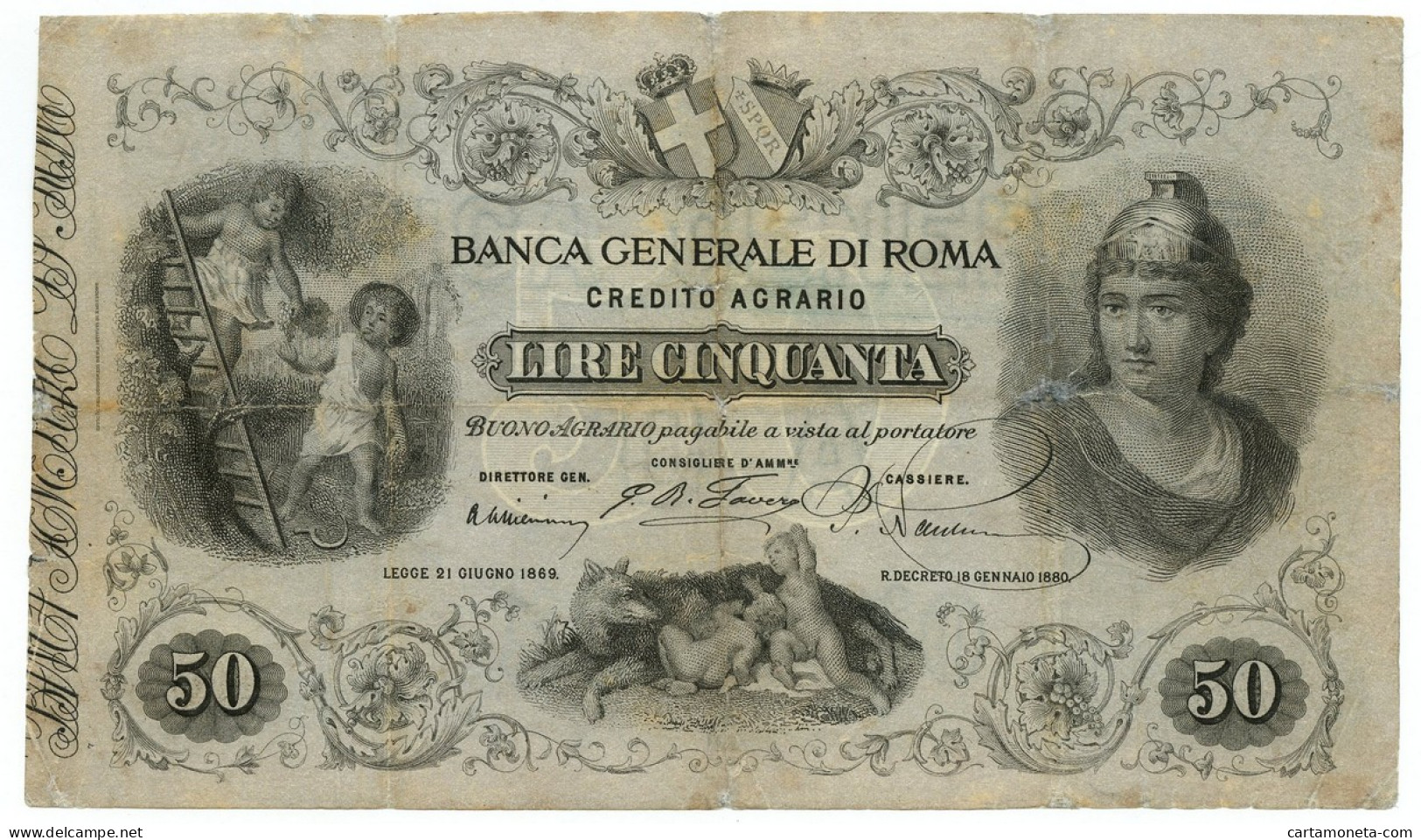 50 LIRE NON EMESSO BANCA GENERALE DI ROMA CREDITO AGRARIO 18/01/1880 MB/BB - Altri & Non Classificati