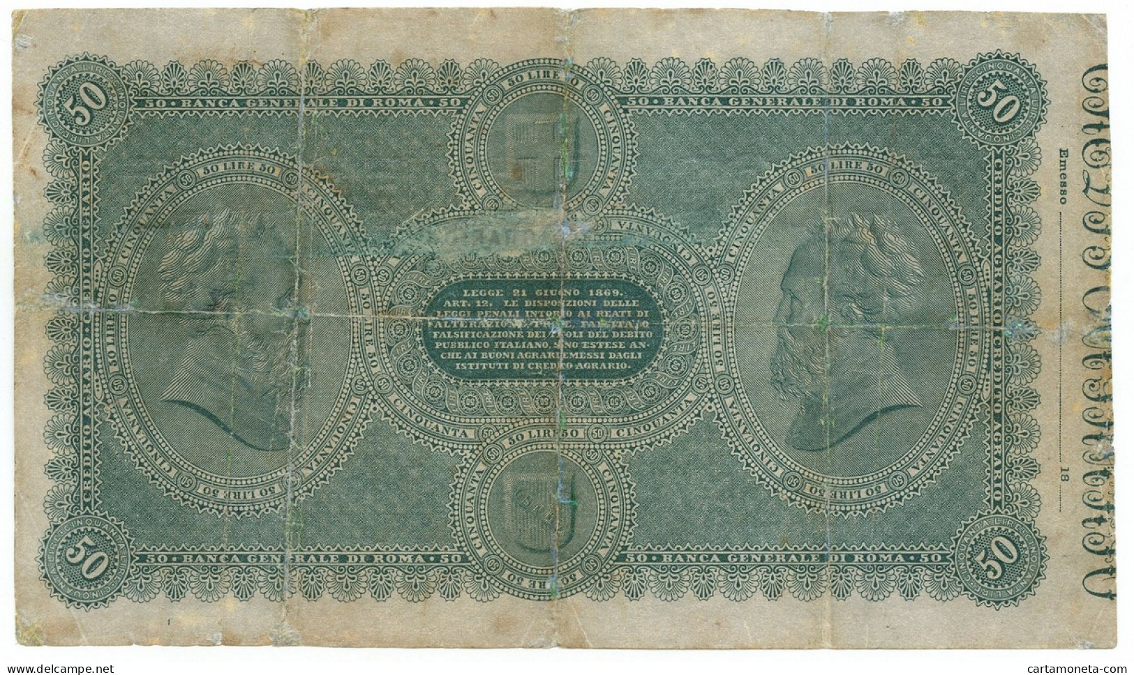 50 LIRE NON EMESSO BANCA GENERALE DI ROMA CREDITO AGRARIO 18/01/1880 MB/BB - Autres & Non Classés