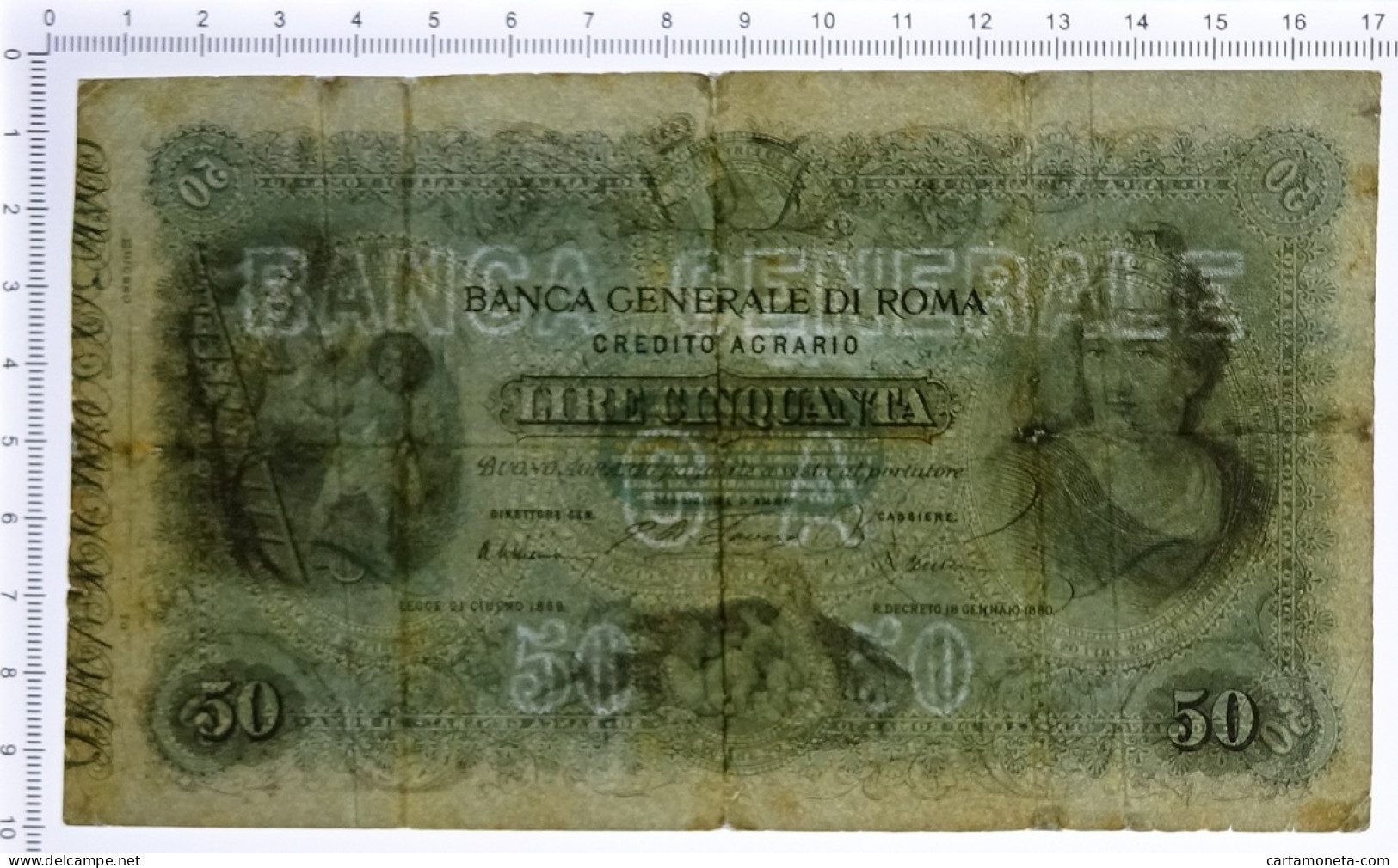 50 LIRE NON EMESSO BANCA GENERALE DI ROMA CREDITO AGRARIO 18/01/1880 MB/BB - Sonstige & Ohne Zuordnung