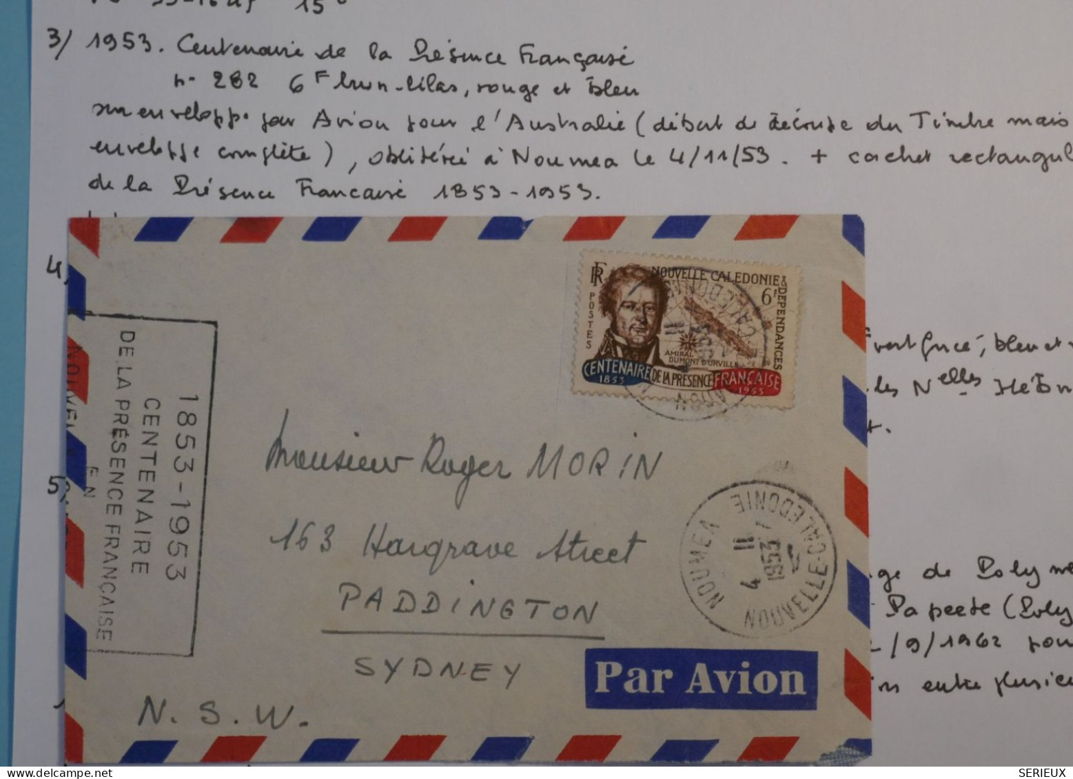 BT16  NOUVELLE CALEDONIE  BELLE LETTRE  RR 1953 NOUMEA  A  SYDNEY AUSTRALIA   ++ + - Lettres & Documents