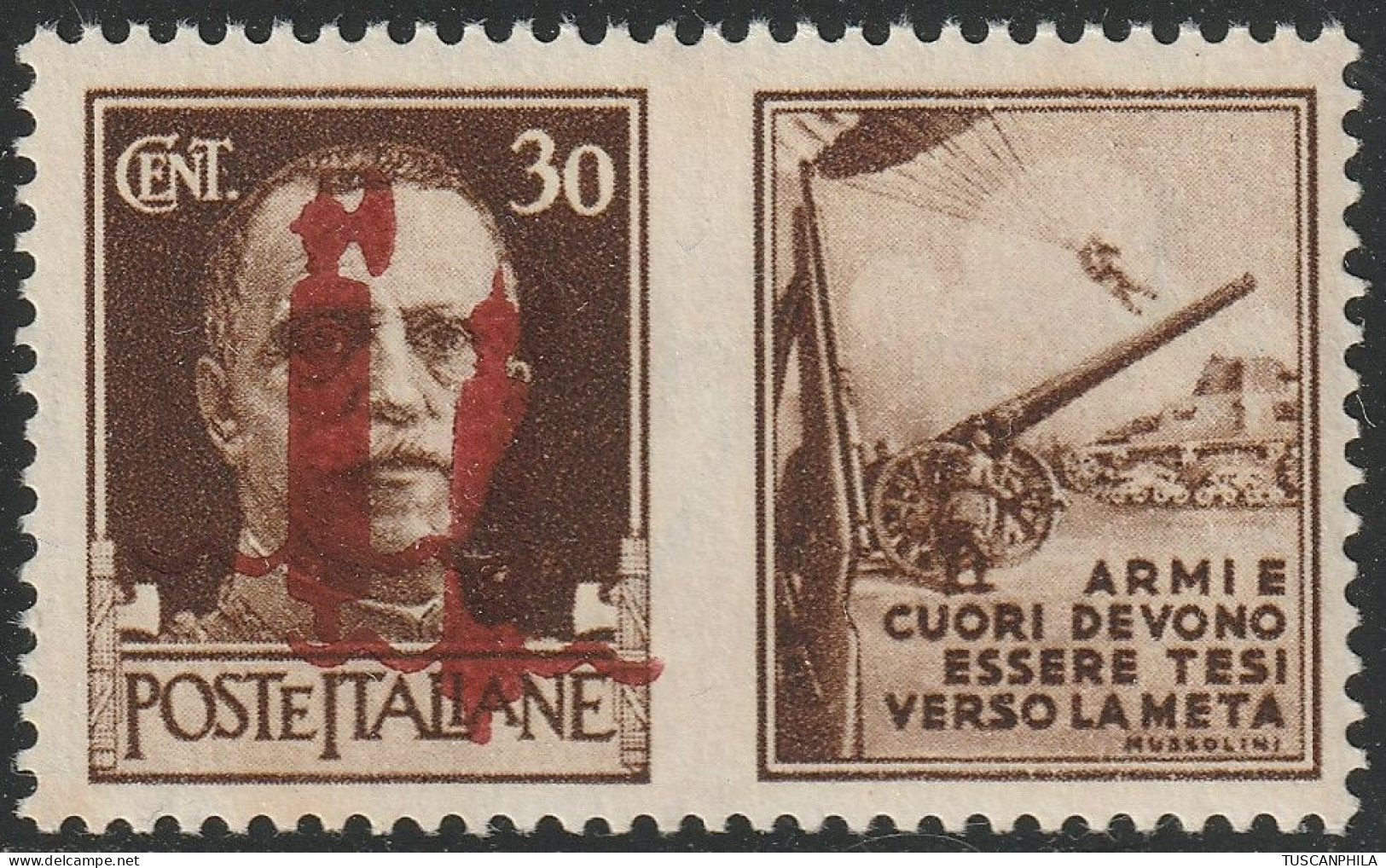 Pdg 30 C. Doppia Soprastampa Bruna Di Cui 1 Obliqua Sass 30Dbab MNH** Cv 550 - Propaganda Di Guerra