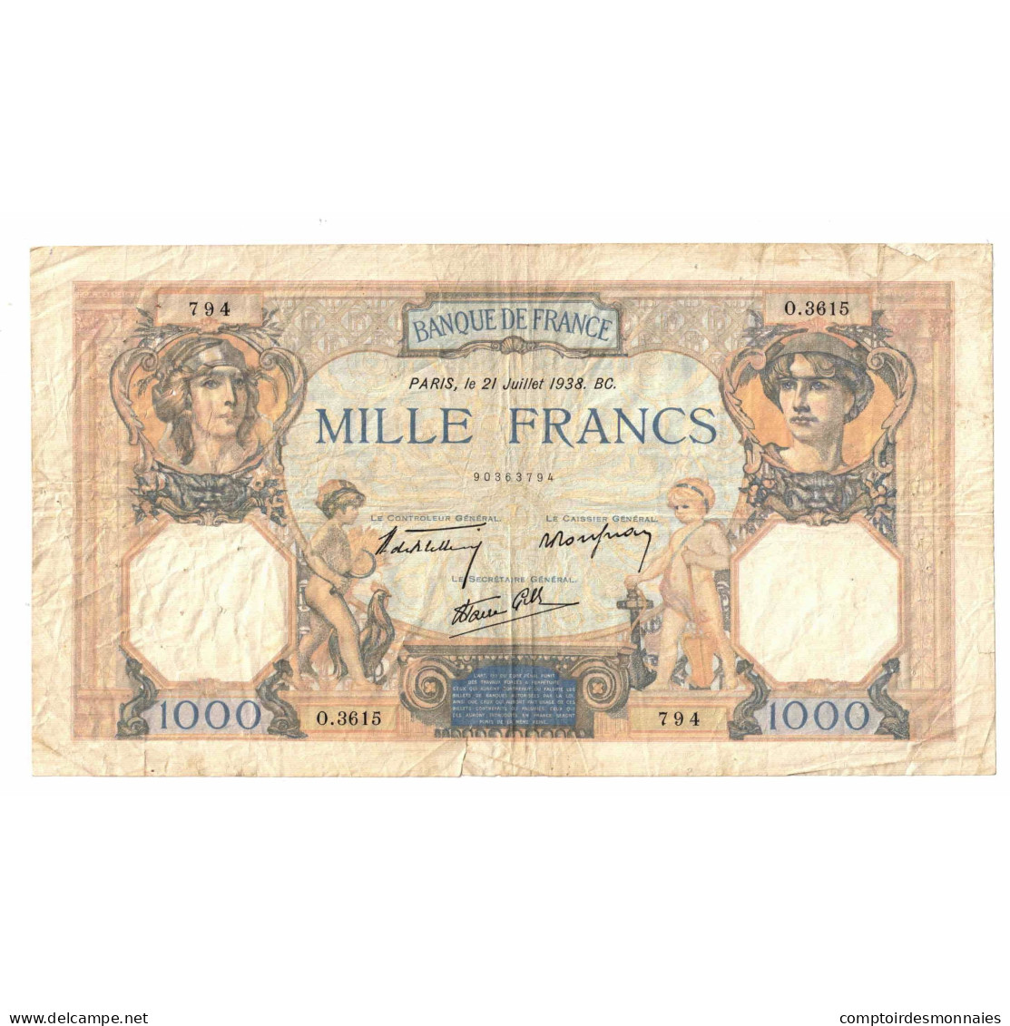 France, 1000 Francs, Cérès Et Mercure, 1938, O.3615, TB+, Fayette:38.24 - 1 000 F 1927-1940 ''Cérès Et Mercure''